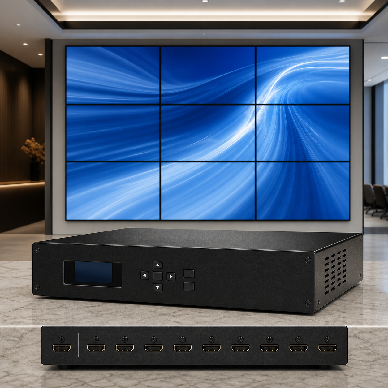בקר קיר וידאו HDMI 3x3 עם 9 יציאות למסכים 1 בקר קיר וידאו HDMI 3x3 עם 9 יציאות למסכים