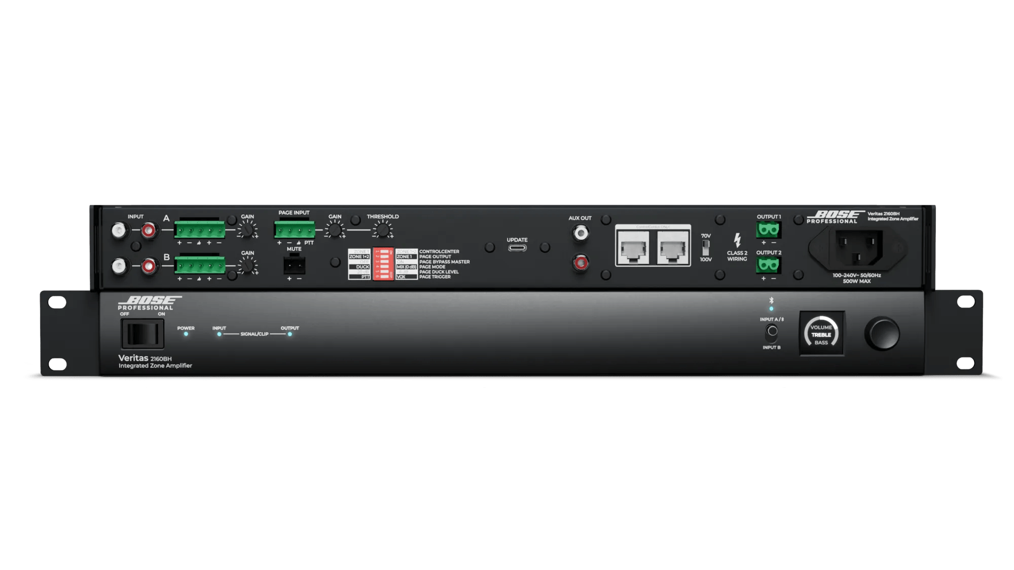 מגבר התקנה Bose Professional Veritas 2160BH – 2×160W עם DSP ו־Bluetooth 6 מבט חזית וגב של מגבר Bose Professional Veritas 2160BH