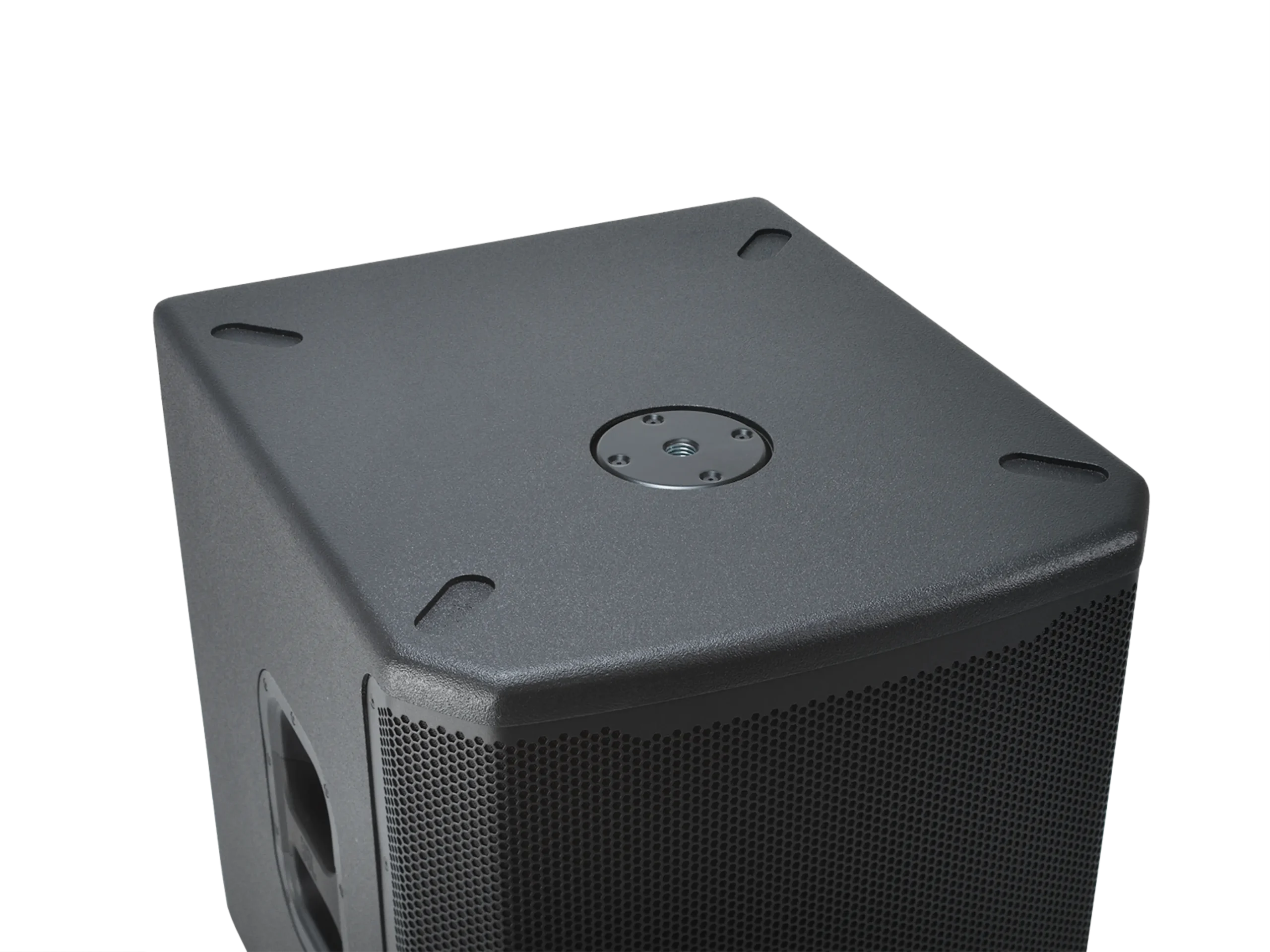 סאב וופר מוגבר JBL PRX915XLF – 15 אינץ׳ 2000W עם DSP 6 חלקו העליון של JBL PRX915XLF עם תושבת מוט M20 וארבע נקודות לגלגלים