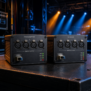 זוג ממירי DMX512 ארבעה ערוצים על סיב אופטי עד 20 ק״מ