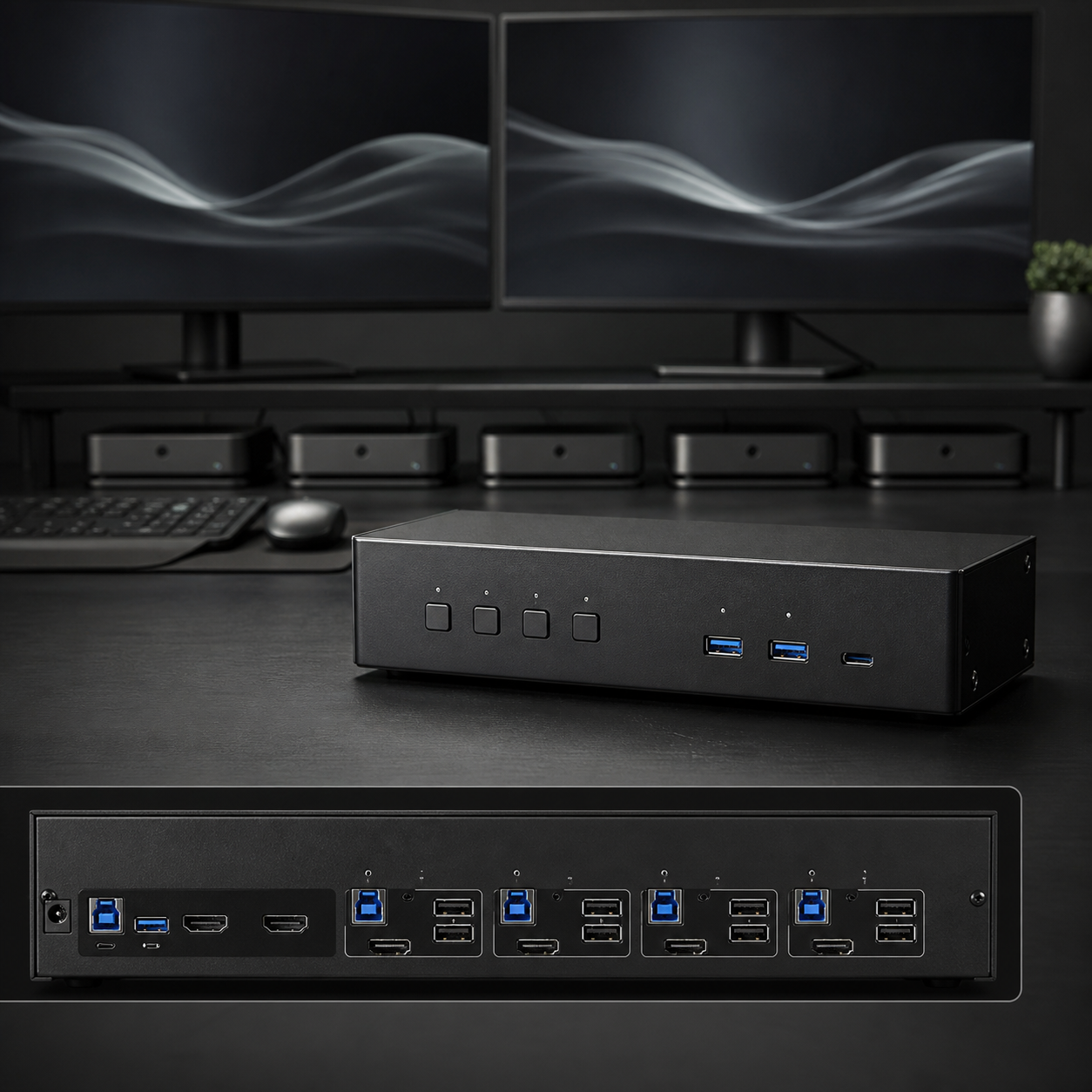מתג KVM לארבעה מחשבים ושני מסכים 4K60 עם USB 3.0 1 מתג KVM לארבעה מחשבים ושני מסכים 4K60
