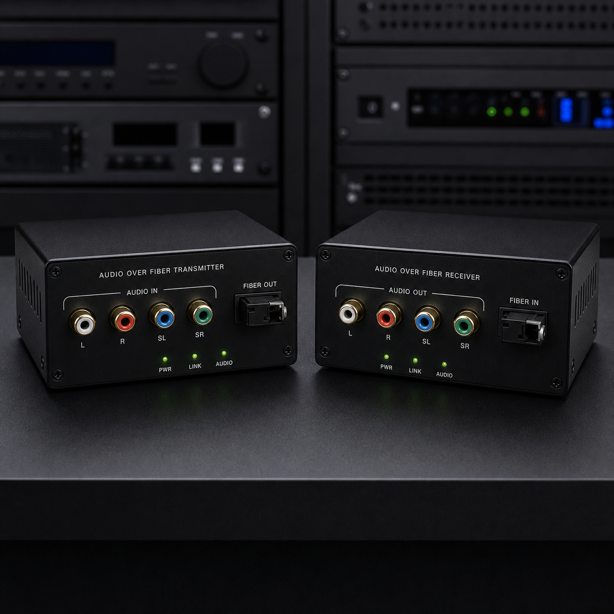 זוג ממירי אודיו RCA ארבעה ערוצים על סיב אופטי עד 20 ק״מ 1 10 rca fiber4