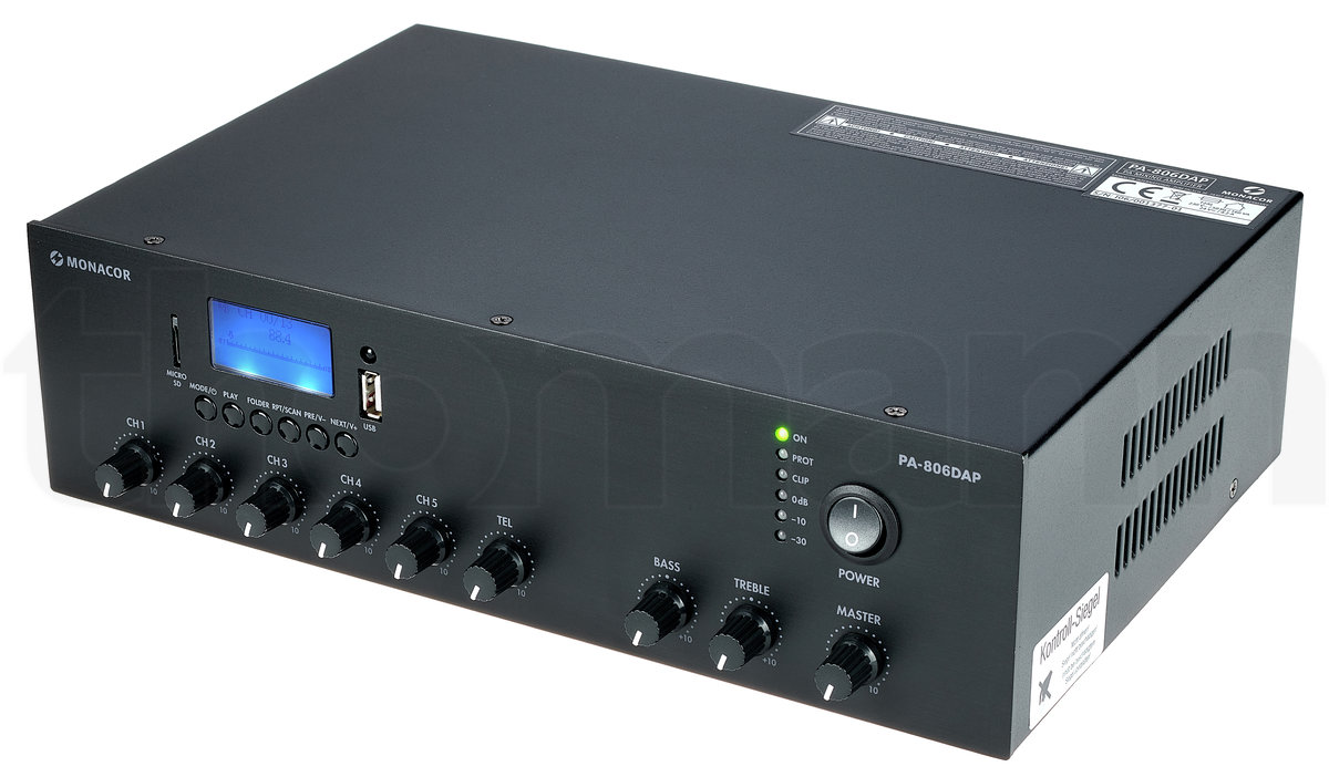 מגבר כריזה 100V עם DAB+ ו-Bluetooth Monacor PA-806DAP – 60W 1 Monacor PA-806DAP – מגבר כריזה 100V