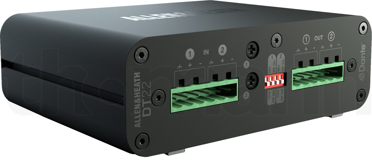 ממשק Dante Allen & Heath DT22 – 2 כניסות ו-2 יציאות Euroblock לרשת Dante, PoE ו-AES67 3 Allen & Heath DT22 – תמונת מוצר 3