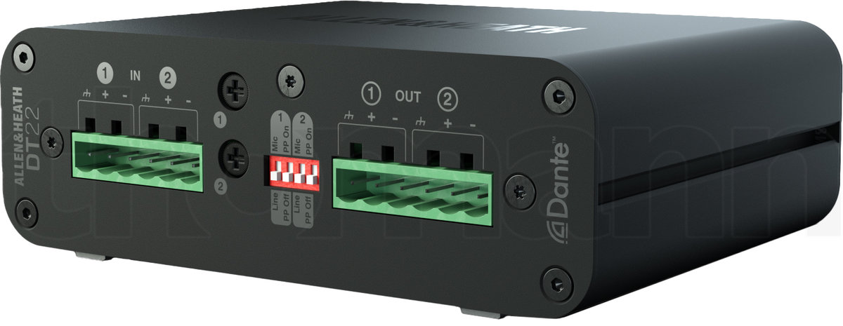 ממשק Dante Allen & Heath DT22 – 2 כניסות ו-2 יציאות Euroblock לרשת Dante, PoE ו-AES67 1 Allen & Heath DT22 – ממשק Dante