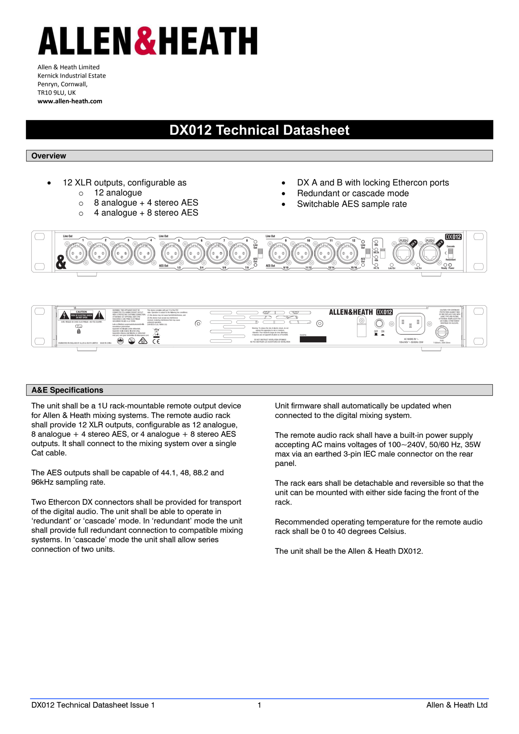 Allen & Heath DX012 – מרחיב יציאות 12×XLR ב־96kHz 2 עמוד ראשון במפרט הרשמי של Allen & Heath DX012 עם אפשרויות 12 יציאות אנלוגיות או AES