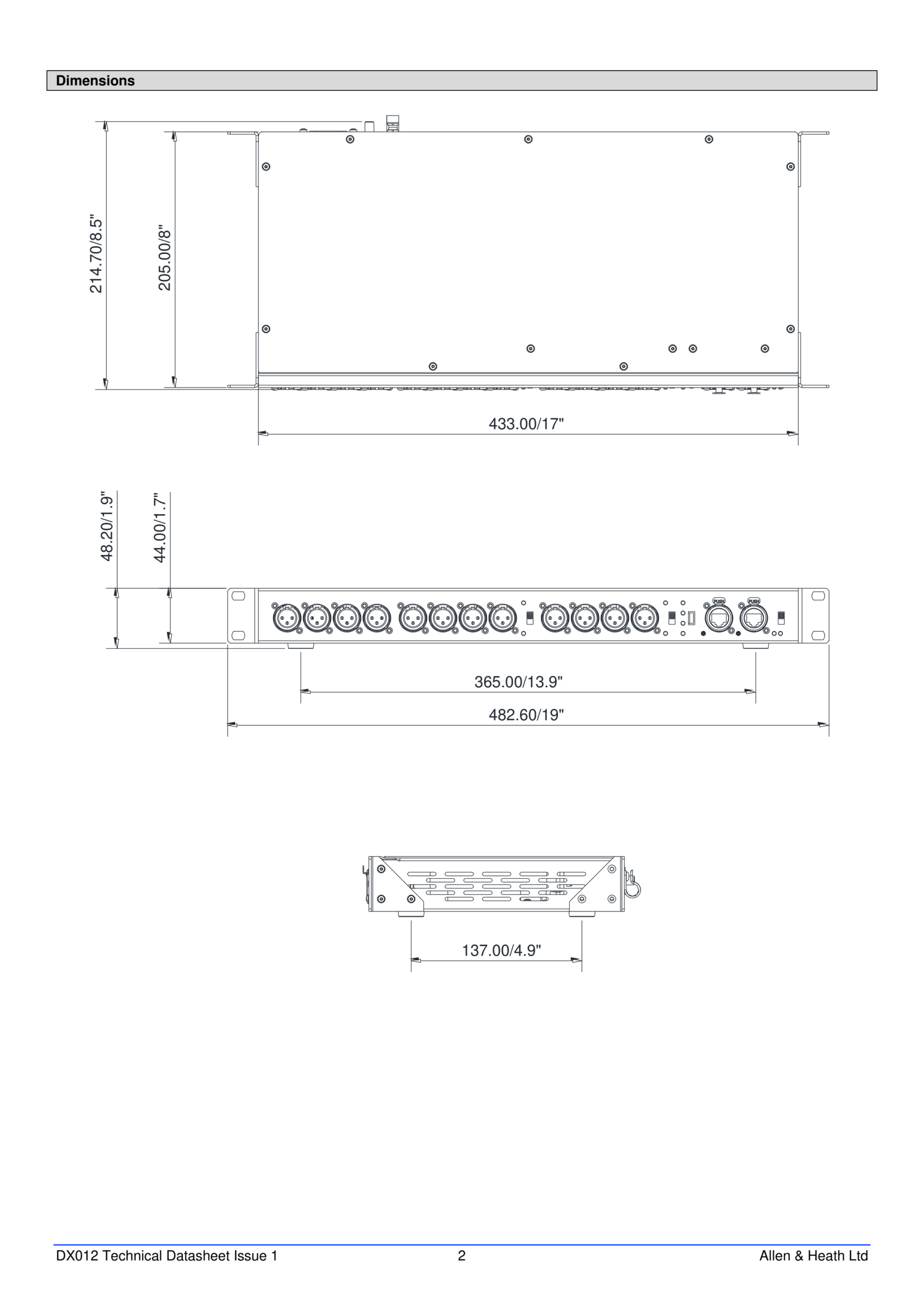 Allen & Heath DX012 – מרחיב יציאות 12×XLR ב־96kHz 3 עמוד מידות רשמי של Allen & Heath DX012 במבט על, חזית וצד
