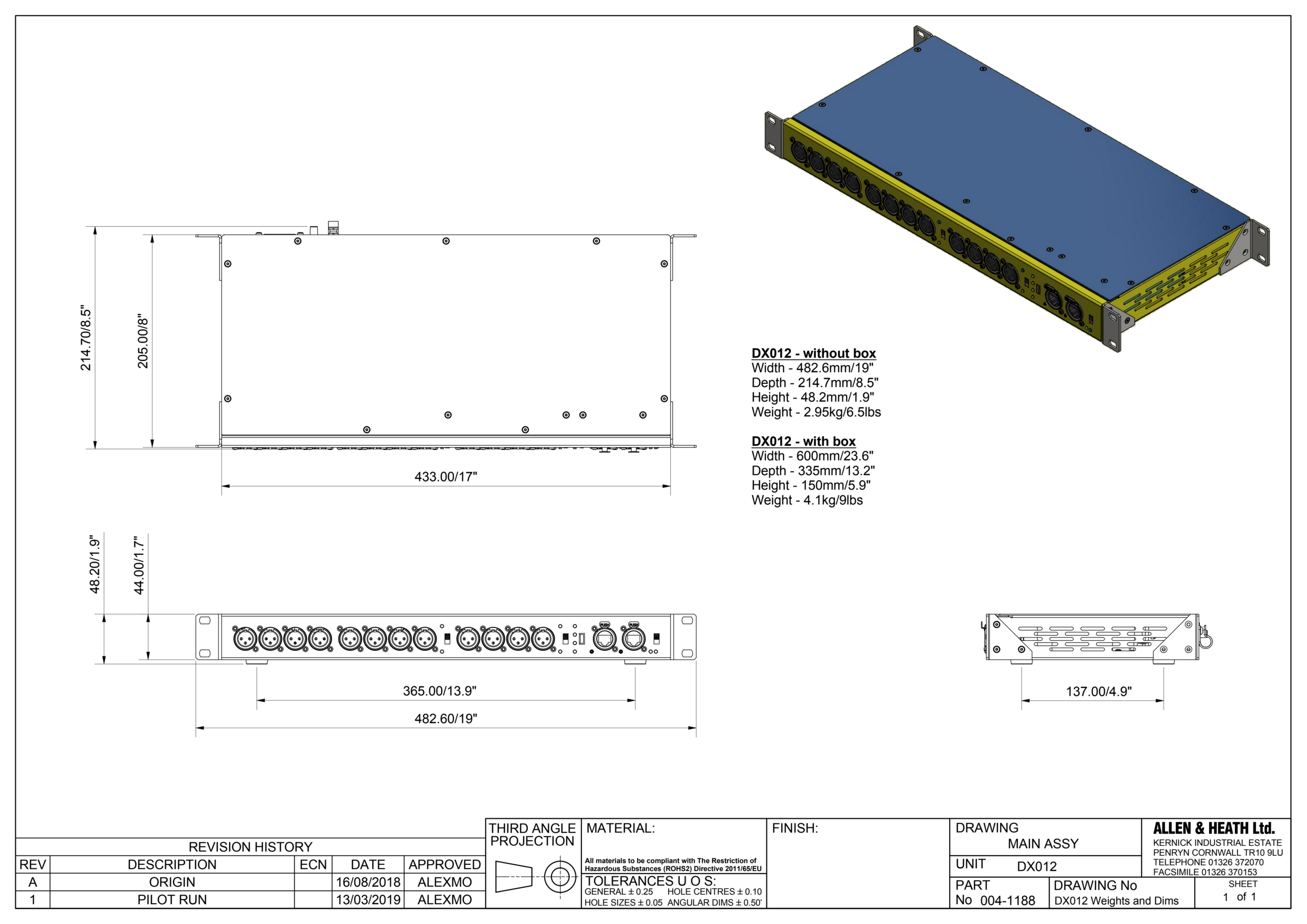 Allen & Heath DX012 – מרחיב יציאות 12×XLR ב־96kHz 4 שרטוט רשמי של Allen & Heath DX012 עם משקל אריזה 4.1 ק״ג ומידות 60×33.5×15 ס״מ