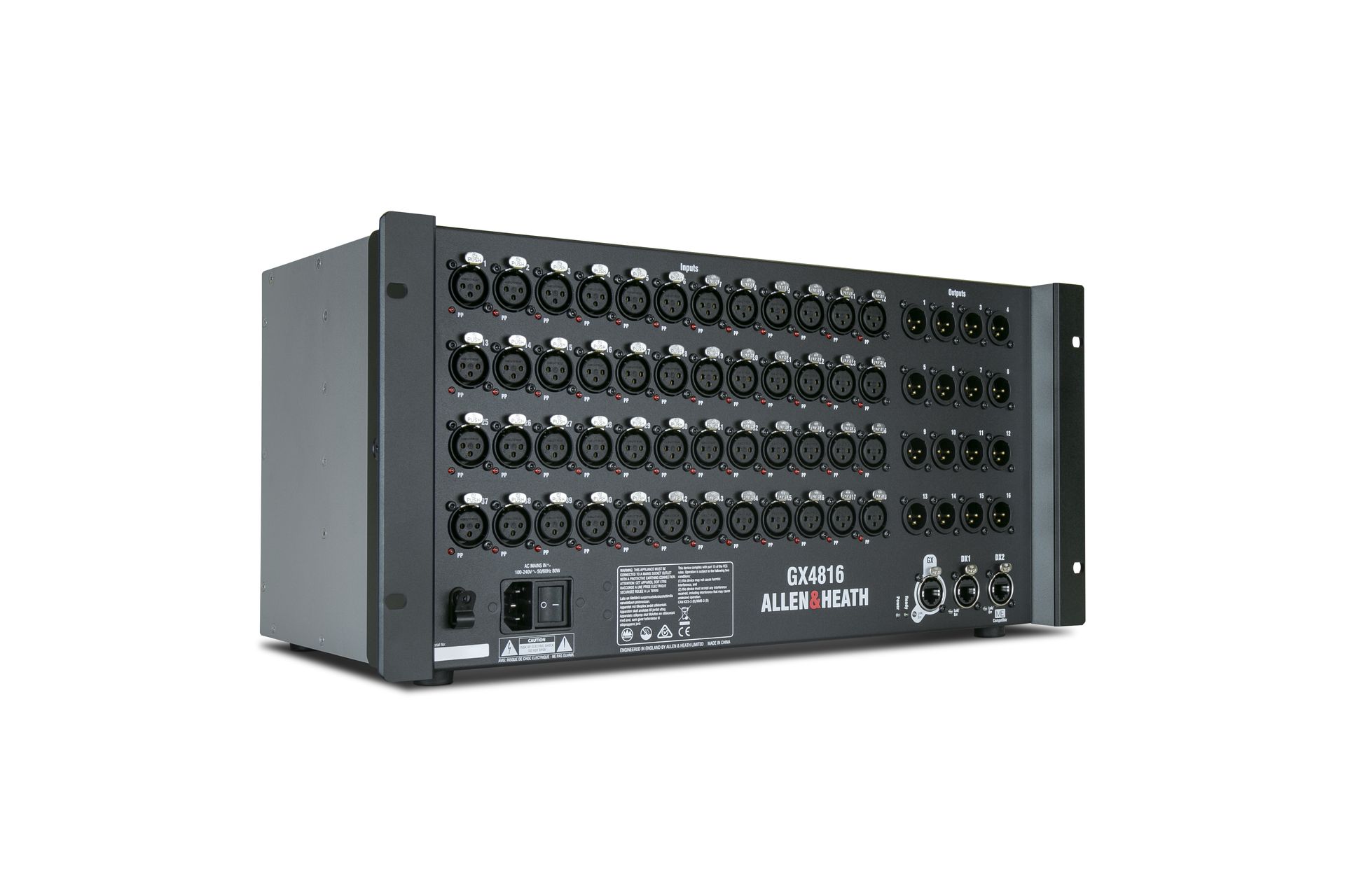 Allen & Heath GX4816 – סטייג׳בוקס 48×16 ב־96kHz 1 סטייג׳בוקס Allen & Heath GX4816 במבט תלת־רבעי המציג את 48 הכניסות ו־16 היציאות