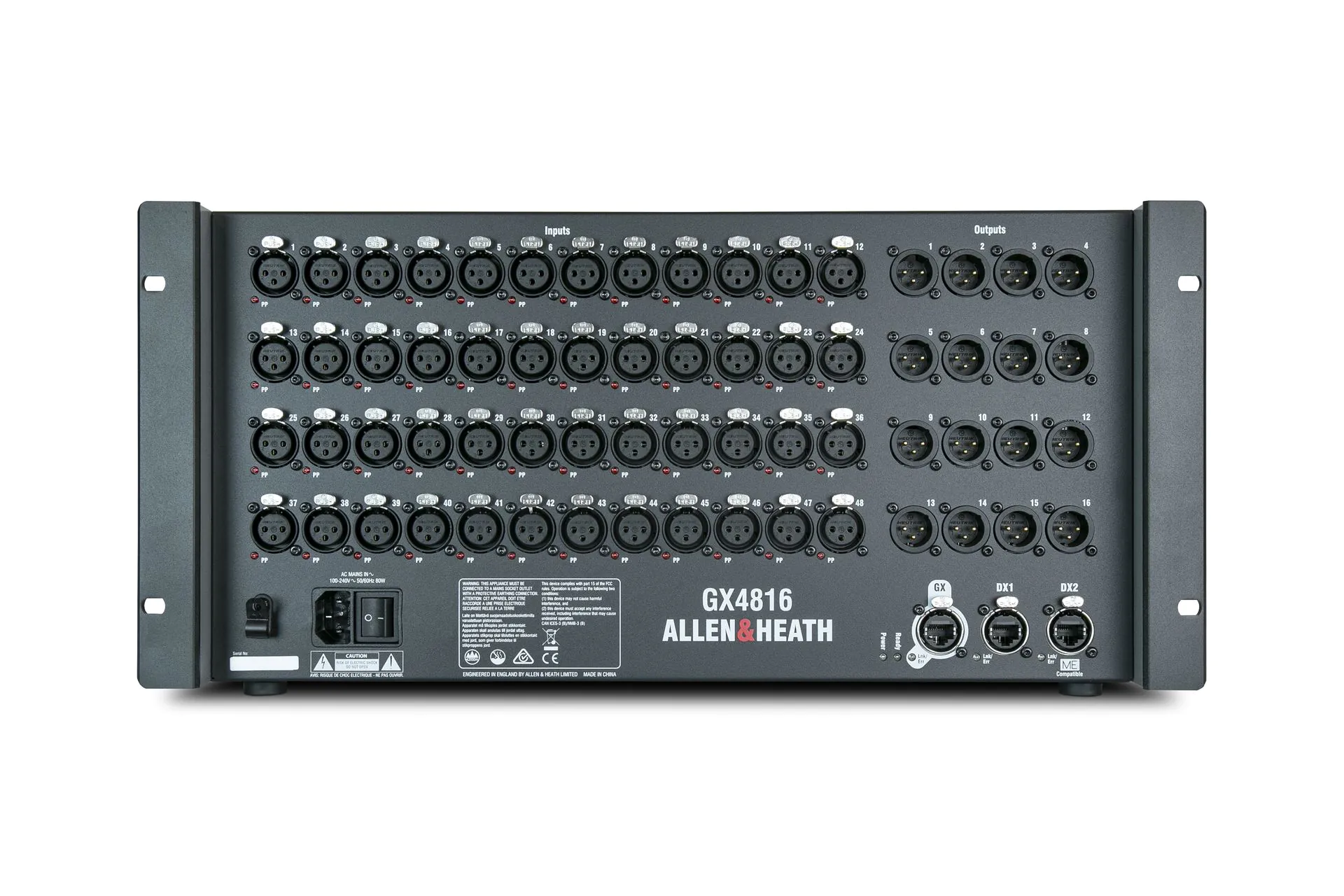 Allen & Heath GX4816 – סטייג׳בוקס 48×16 ב־96kHz 2 חזית Allen & Heath GX4816 עם 48 כניסות XLR, 16 יציאות XLR וחיבורי GX ו־DX