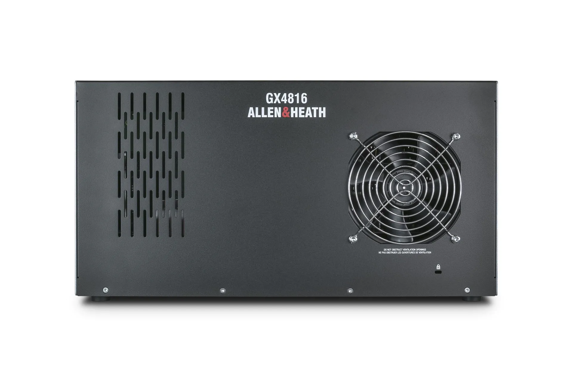 Allen & Heath GX4816 – סטייג׳בוקס 48×16 ב־96kHz 4 החלק האחורי של Allen & Heath GX4816 עם מאוורר ופתחי אוורור