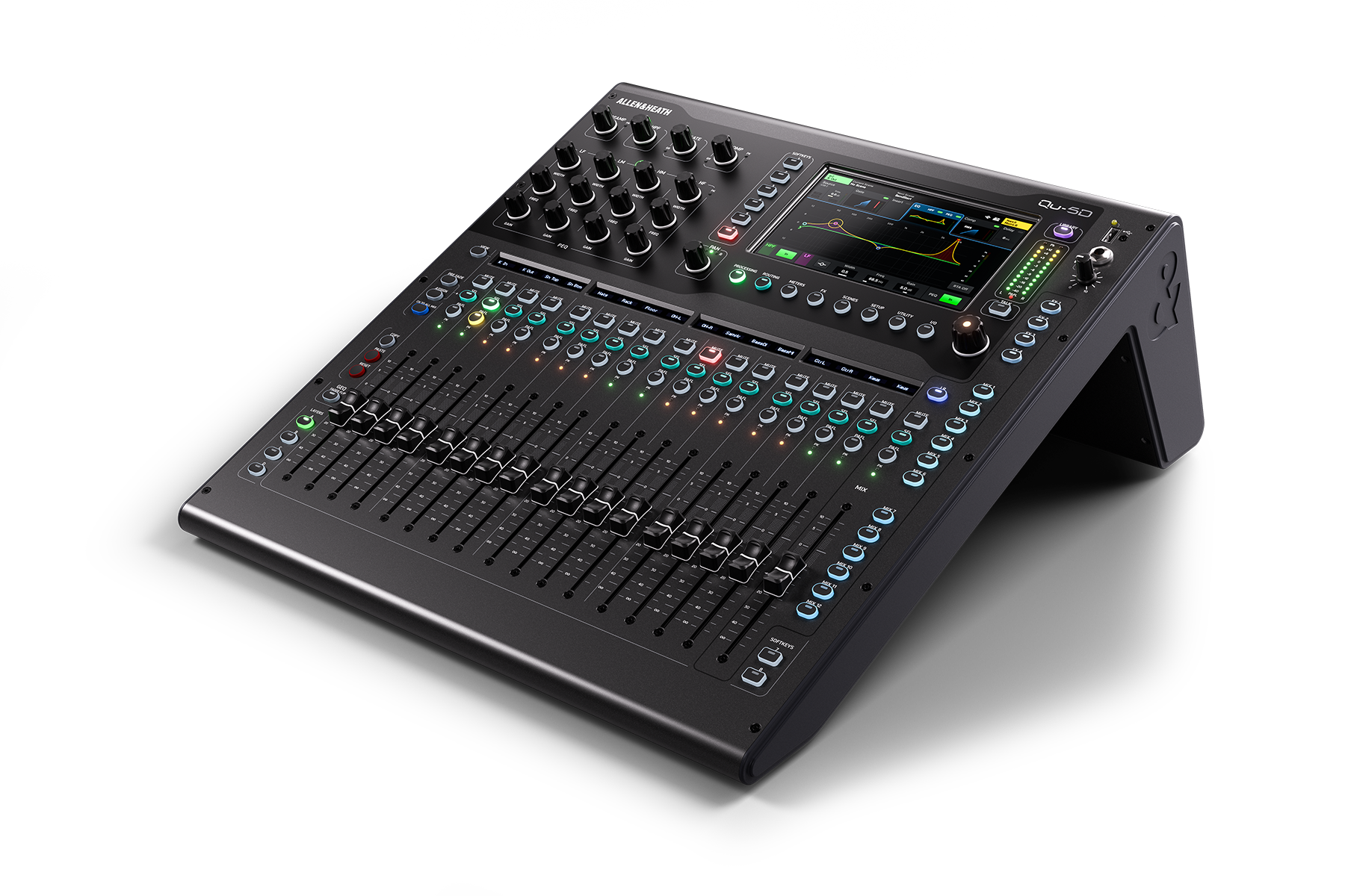 מיקסר דיגיטלי Allen & Heath Qu-5D עם Dante 1 מיקסר דיגיטלי Allen & Heath Qu-5D במבט תלת־רבעי ימני עם 17 פיידרים ומסך מגע