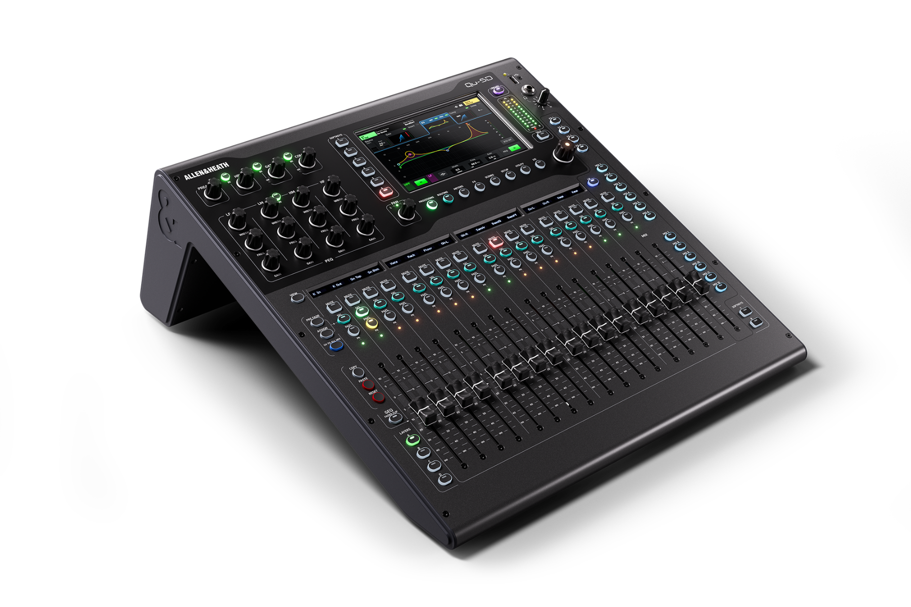 מיקסר דיגיטלי Allen & Heath Qu-5D עם Dante 2 Allen & Heath Qu-5D במבט תלת־רבעי שמאלי המציג את משטח השליטה והפיידרים הממונעים
