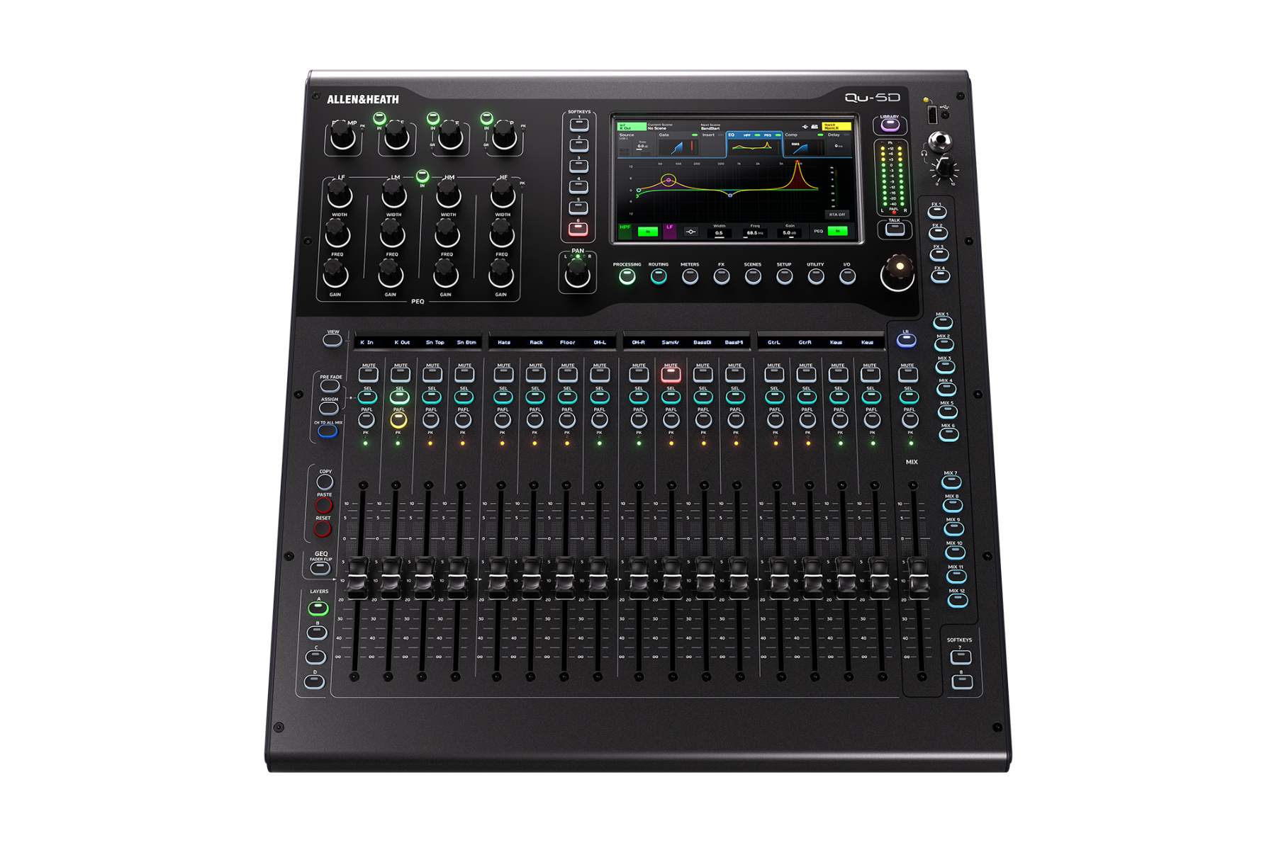 מיקסר דיגיטלי Allen & Heath Qu-5D עם Dante 3 מבט על משטח השליטה של Allen & Heath Qu-5D עם מסך 7 אינץ׳ ו־17 פיידרים ממונעים