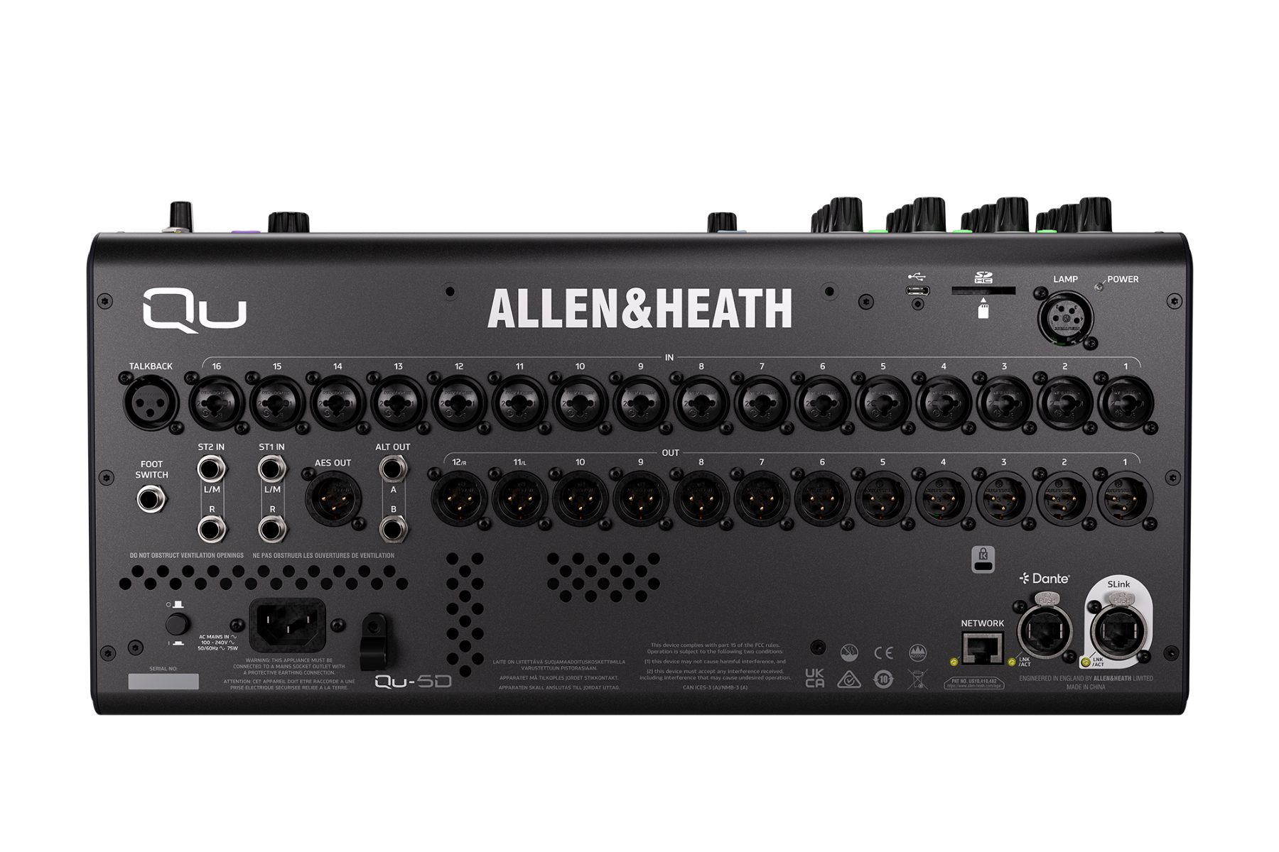 מיקסר דיגיטלי Allen & Heath Qu-5D עם Dante 4 הפאנל האחורי של Allen & Heath Qu-5D עם 16 כניסות Mic/Line, 12 יציאות XLR, Dante ו־SLink