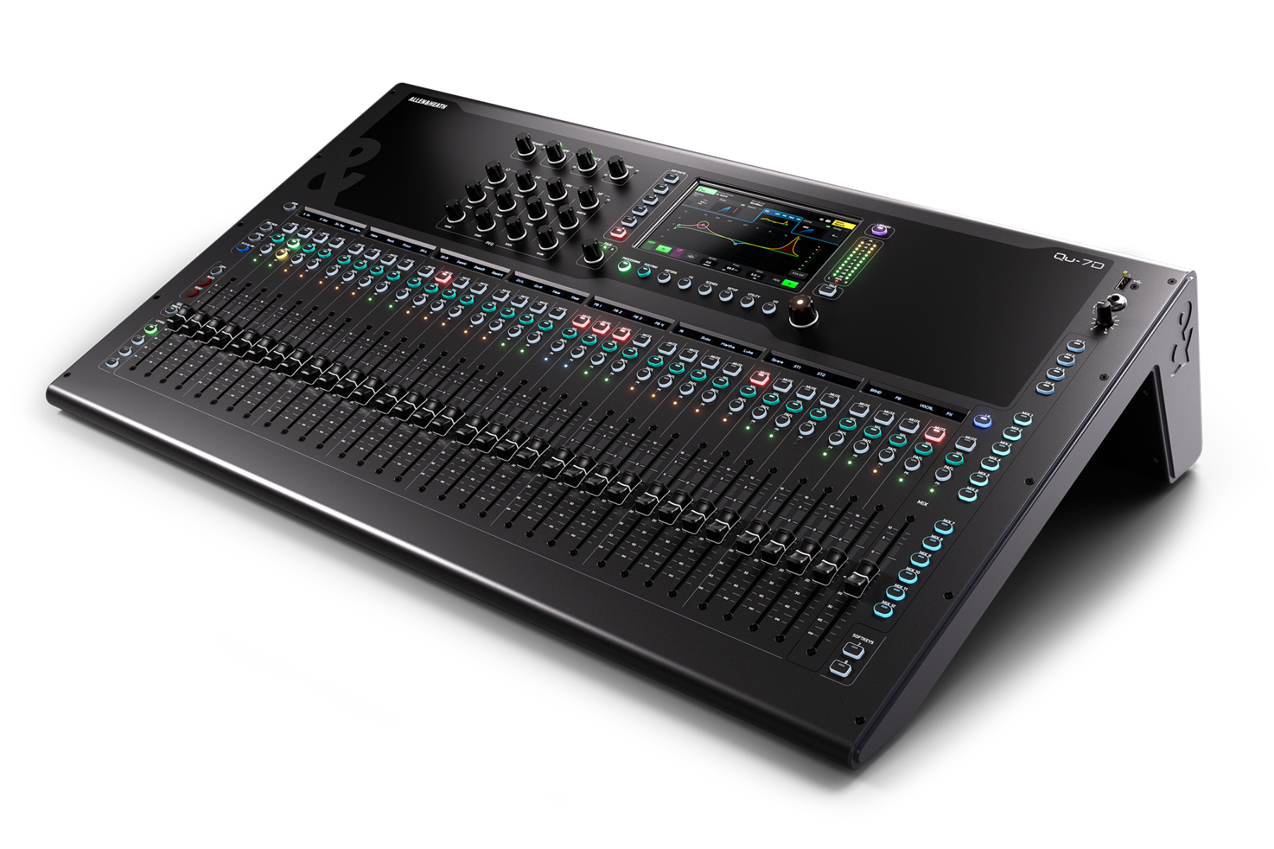 מיקסר דיגיטלי Allen & Heath Qu-7D עם Dante 1 מיקסר דיגיטלי Allen & Heath Qu-7D במבט תלת־רבעי ימני עם 33 פיידרים ומסך מגע