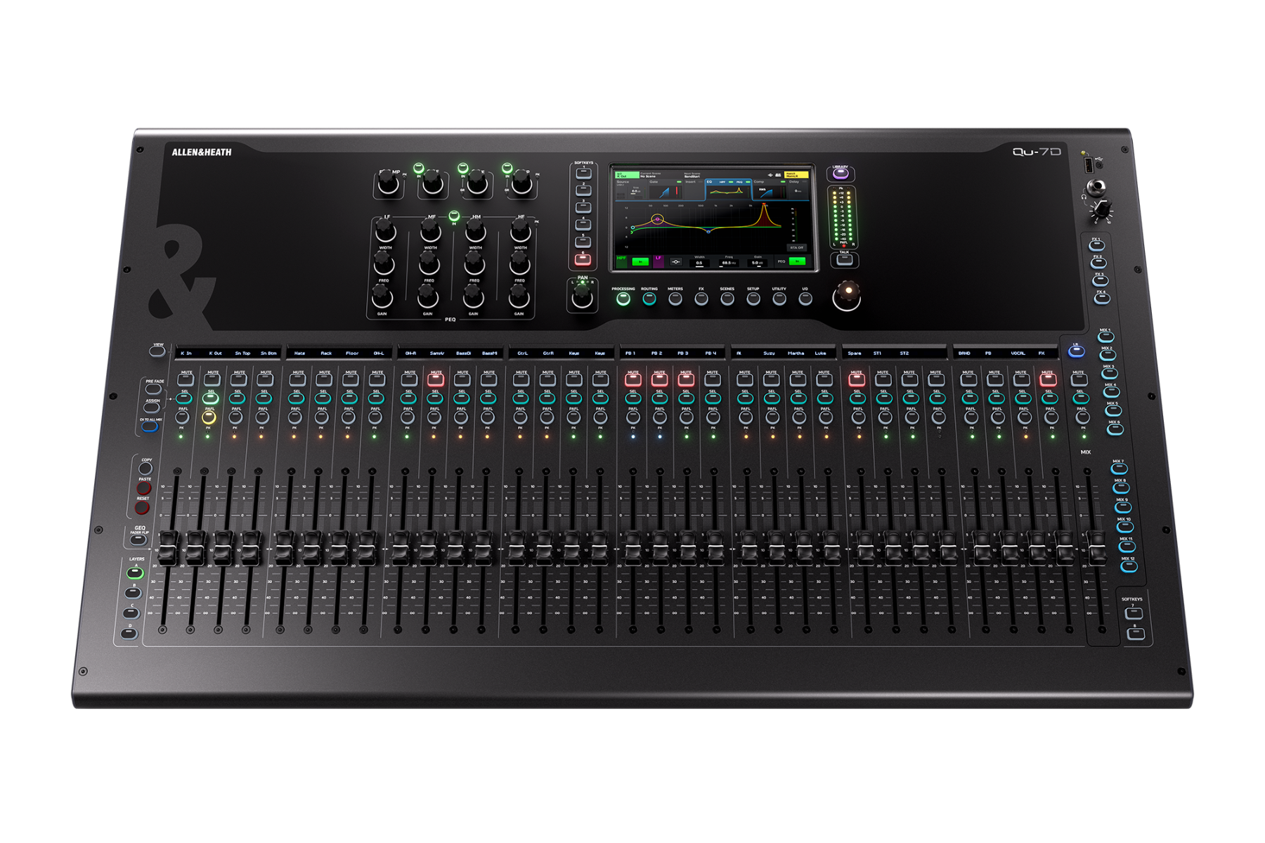 מיקסר דיגיטלי Allen & Heath Qu-7D עם Dante 3 מבט על משטח השליטה של Allen & Heath Qu-7D עם מסך 7 אינץ׳ ו־33 פיידרים ממונעים