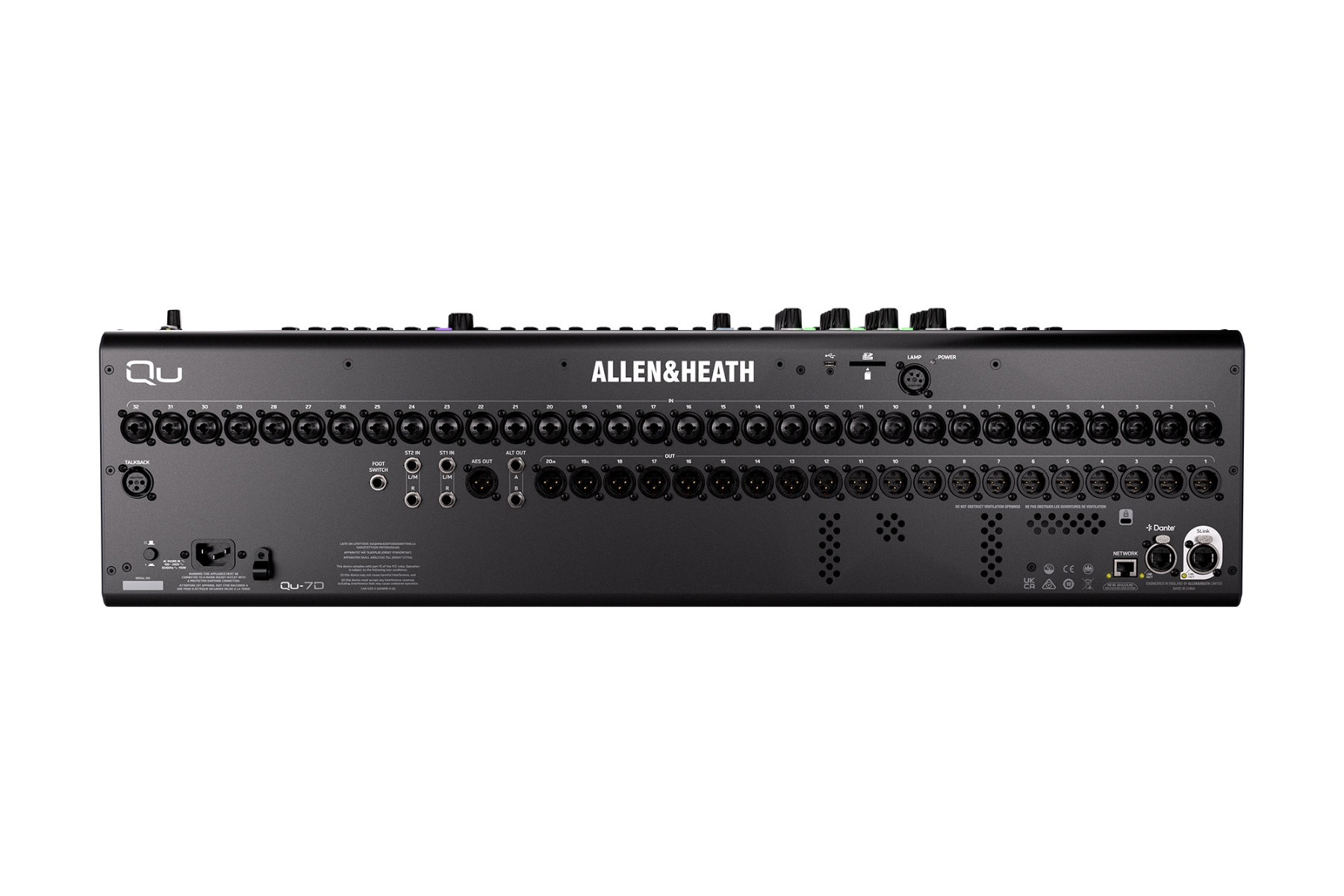 מיקסר דיגיטלי Allen & Heath Qu-7D עם Dante 4 הפאנל האחורי של Allen & Heath Qu-7D עם כניסות ויציאות מקומיות, SLink וחיבור Dante