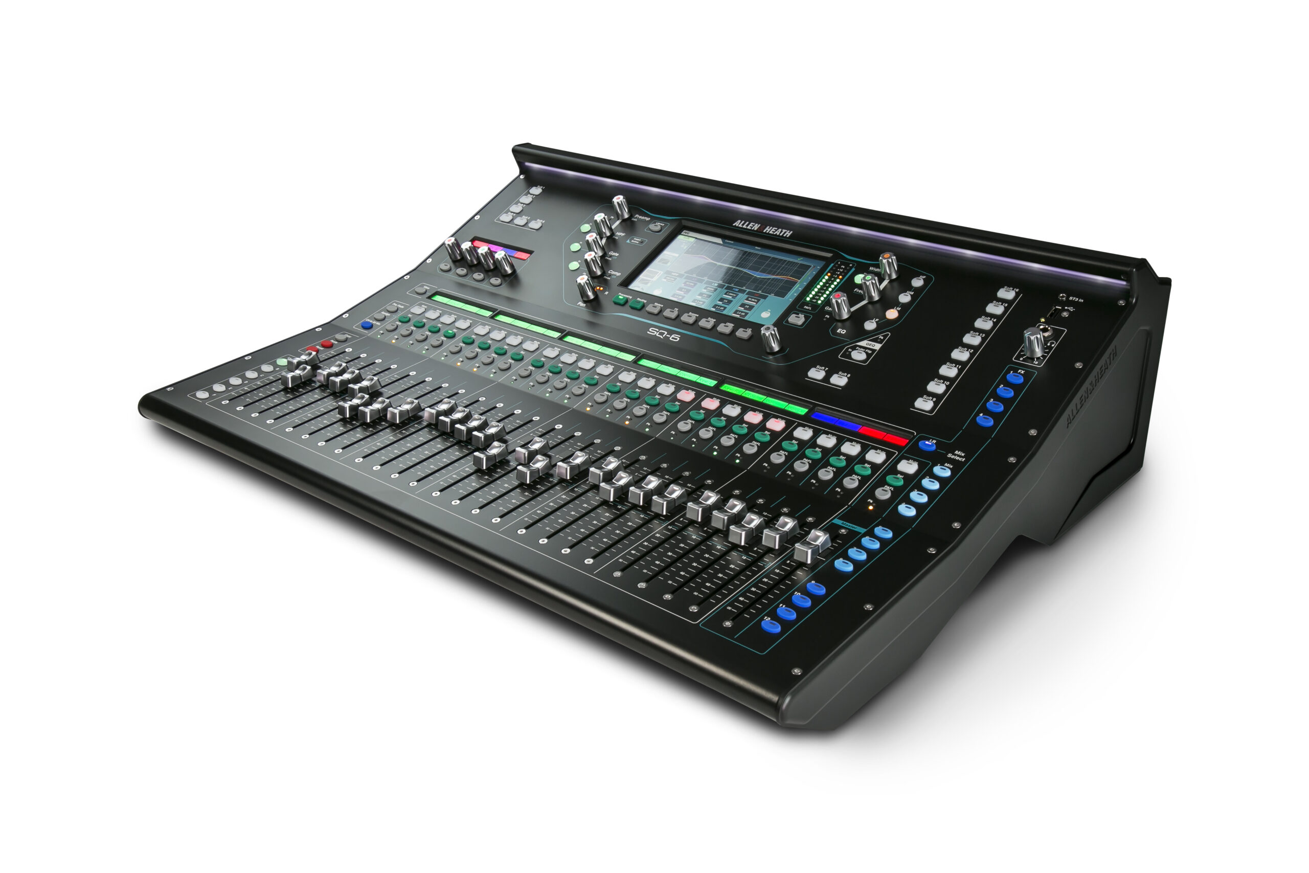 מיקסר דיגיטלי Allen & Heath SQ-6 1 מיקסר דיגיטלי Allen & Heath SQ-6 במבט תלת־רבעי שמאלי עם 25 פיידרים ממונעים ומסך מגע