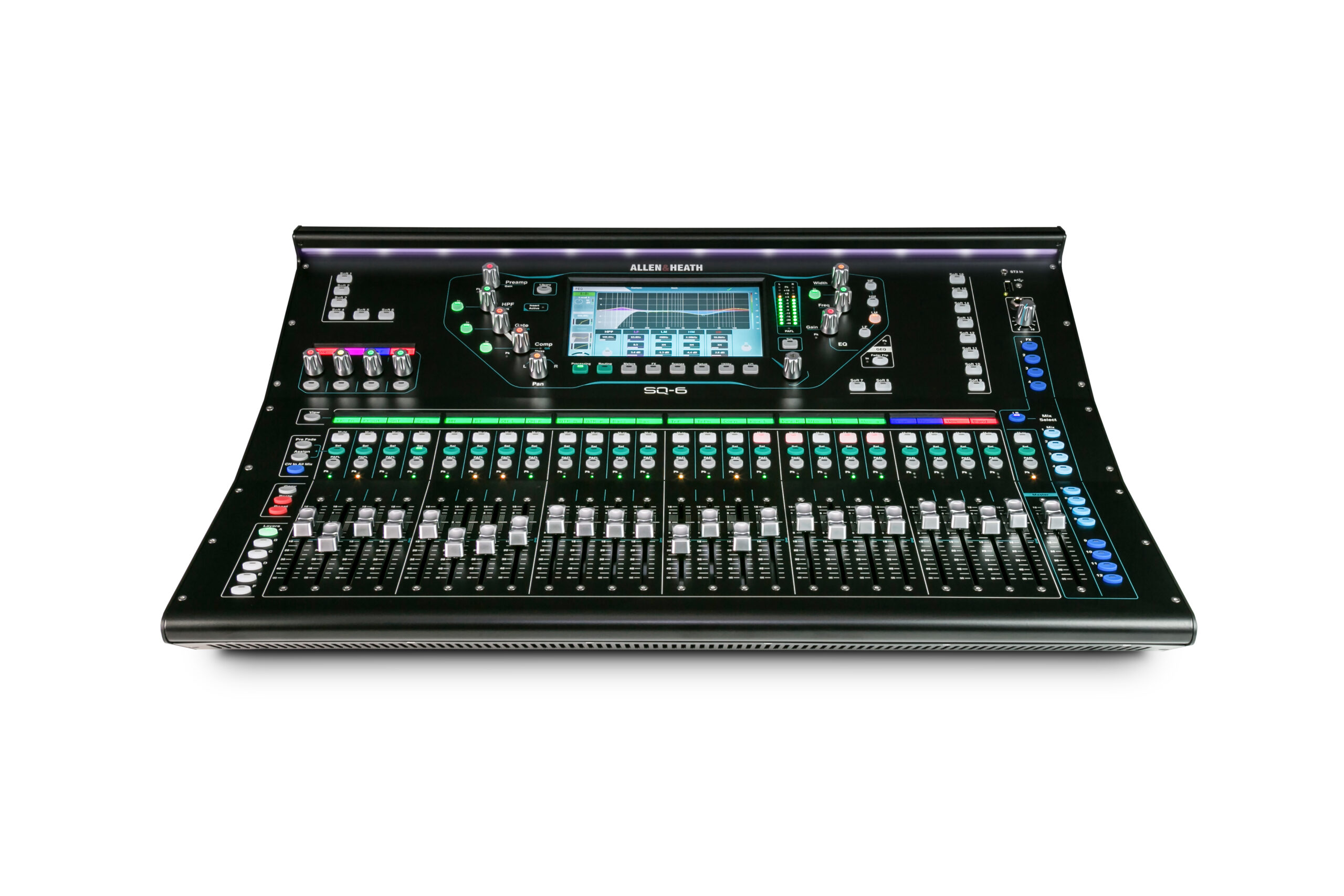 מיקסר דיגיטלי Allen & Heath SQ-6 2 חזית ומשטח השליטה של Allen & Heath SQ-6 עם 24 ועוד 1 פיידרים ומסך מגע 7 אינץ׳