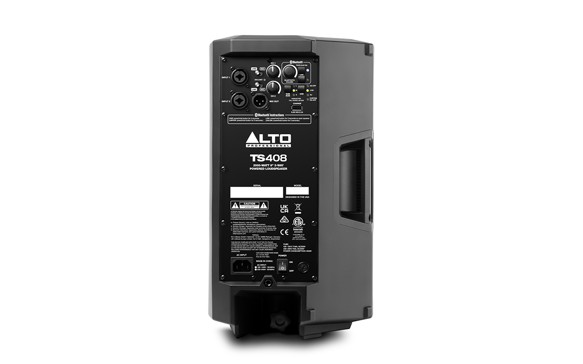 רמקול מוגבר Alto Professional TS408 – 8 אינץ׳, 2000W ו‑130dB 3 הפאנל האחורי של Alto TS408 עם כניסות Combo, יציאת XLR, מסך DSP וסימון מתח אוניברסלי