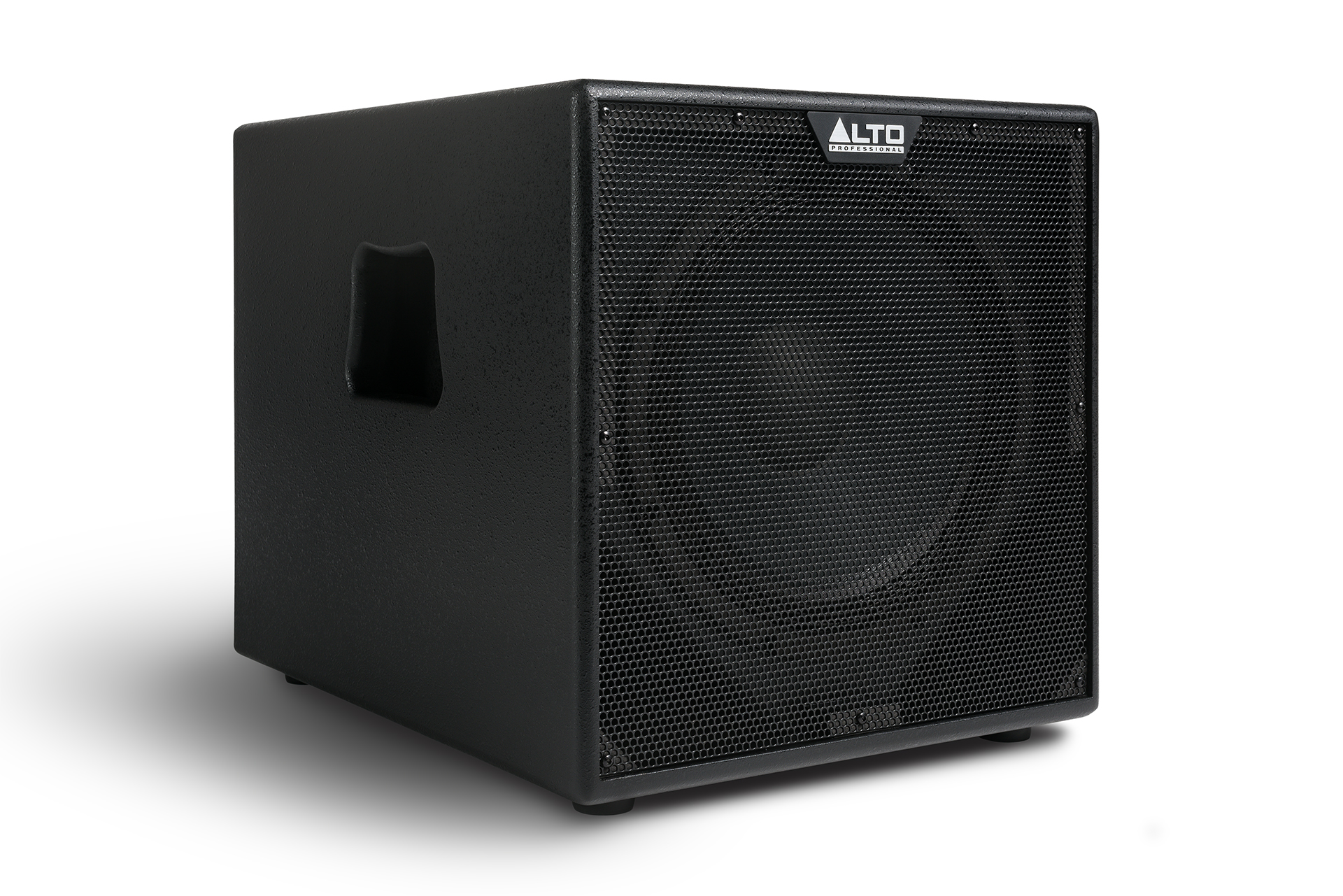 סאב וופר מוגבר Alto Professional TX12S – 12 אינץ׳, 900W ו־126dB 1 סאב וופר מוגבר Alto Professional TX12S במבט תלת־רבעי המציג את חזית הגריל, עומק המארז וידית הנשיאה