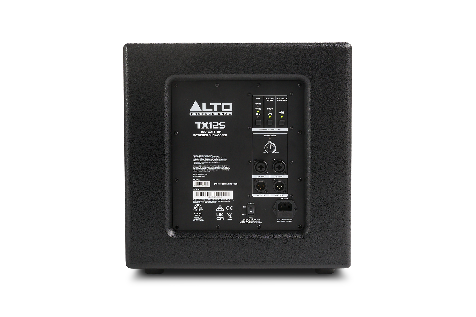 סאב וופר מוגבר Alto Professional TX12S – 12 אינץ׳, 900W ו־126dB 4 החלק האחורי המלא של Alto TX12S עם מודול ההגברה, כניסות ויציאות, בוררי DSP וחיבור החשמל