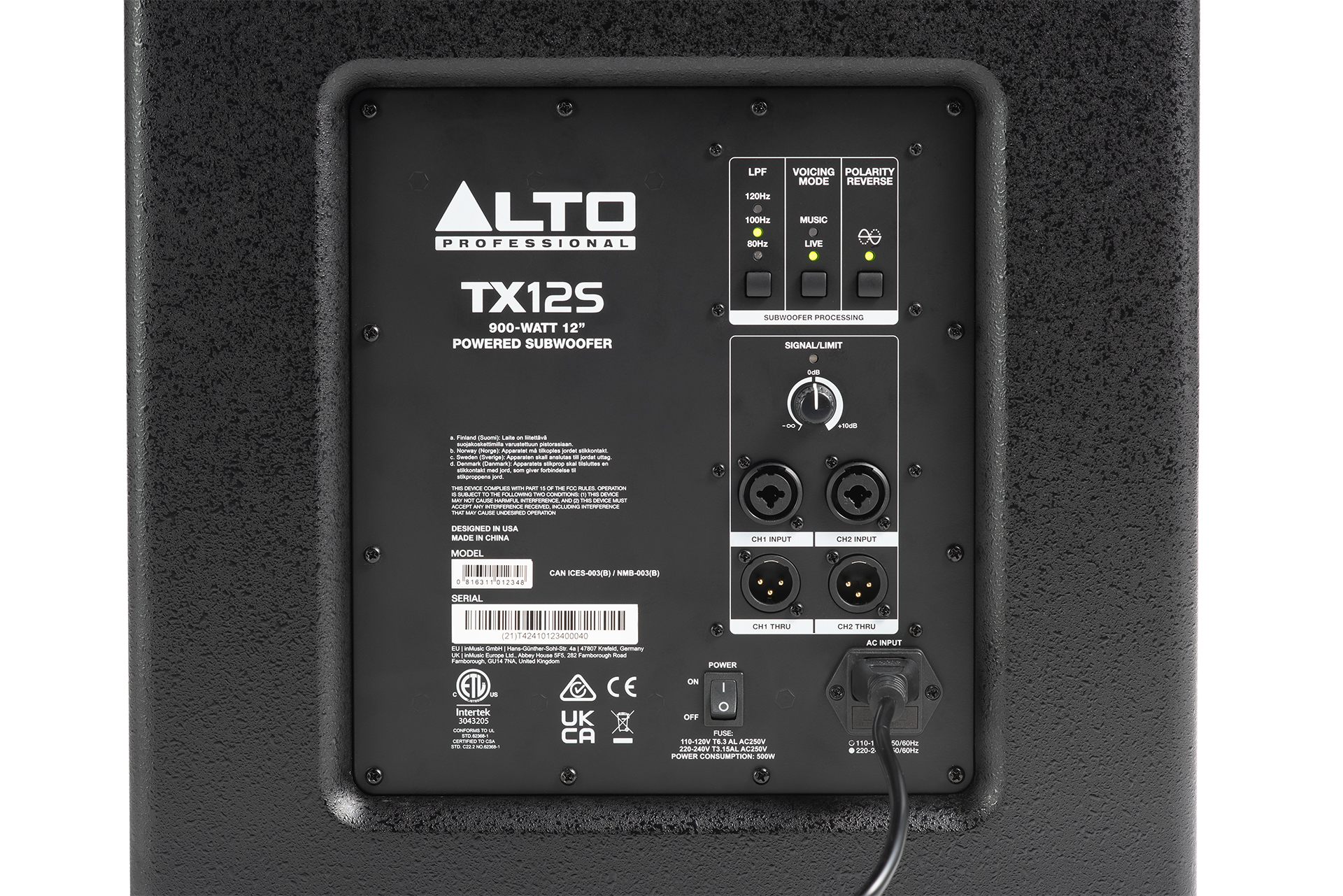סאב וופר מוגבר Alto Professional TX12S – 12 אינץ׳, 900W ו־126dB 5 תקריב פאנל Alto TX12S המציג מסנן 80/100/120Hz, מצבי Music ו־Live, היפוך קוטביות, כניסות Combo ויציאות XLR