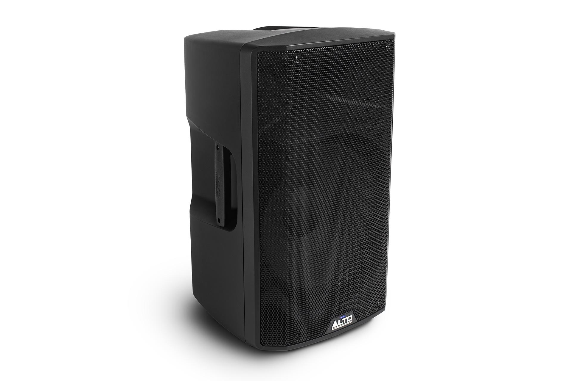 רמקול מוגבר Alto Professional TX415 – 15 אינץ׳, 700W ו‑121dB 3 רמקול Alto TX415 במבט תלת־רבעי מימין המציג את חזית הגריל והידית