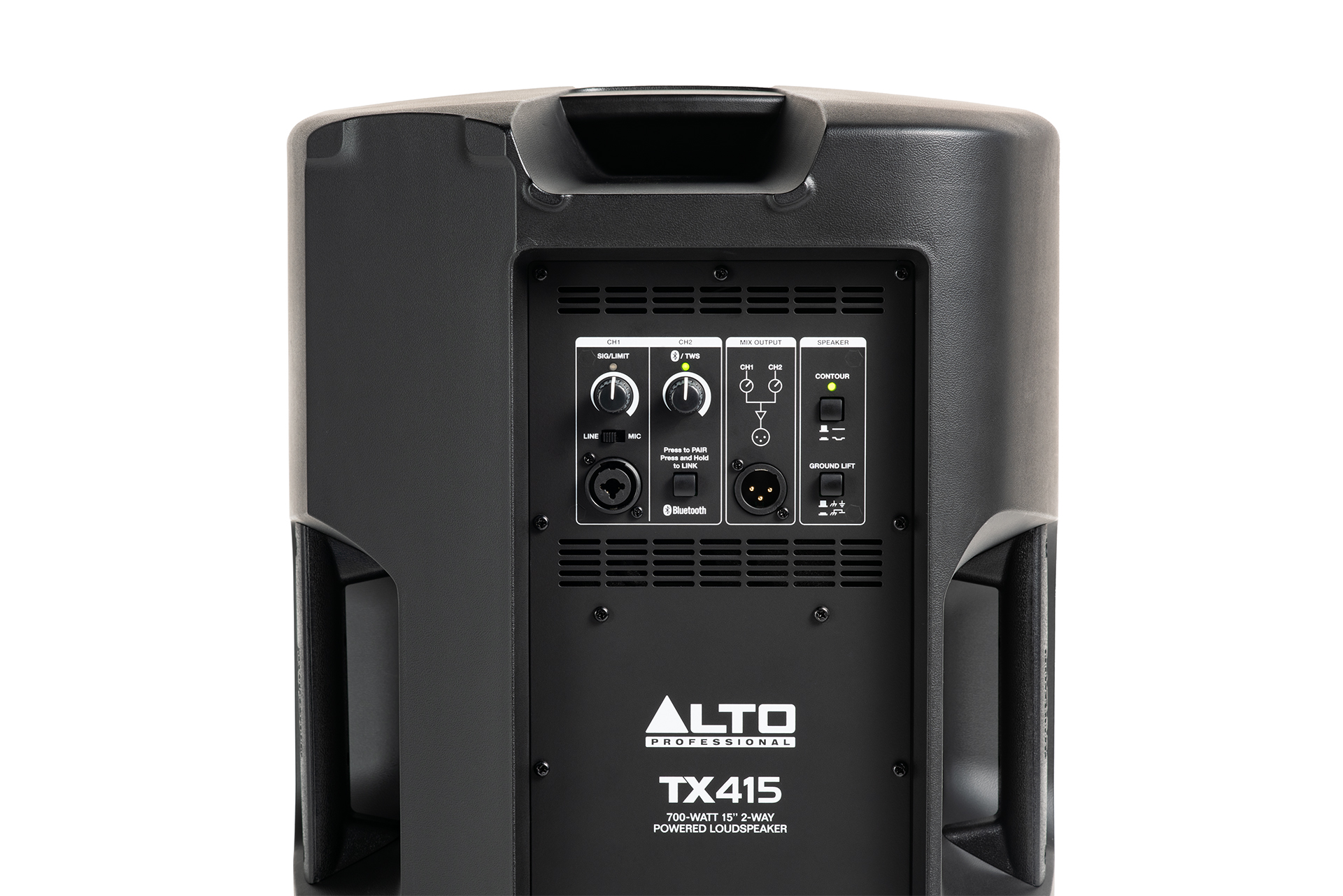 רמקול מוגבר Alto Professional TX415 – 15 אינץ׳, 700W ו‑121dB 5 לוח השליטה של Alto TX415 עם כניסת Combo, Bluetooth, יציאת Mix, Contour ו־Ground Lift