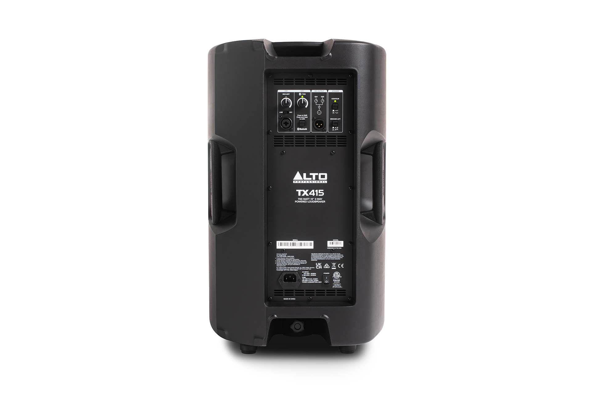 רמקול מוגבר Alto Professional TX415 – 15 אינץ׳, 700W ו‑121dB 6 גב רמקול Alto TX415 עם סימון הדגם, לוח החיבורים, ידיות הצד וכניסת החשמל
