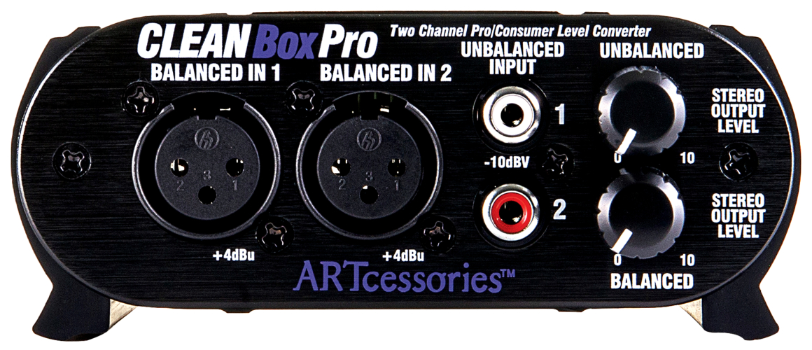 ממיר רמה דו-כיווני ART CleanBox Pro – XLR / RCA 1 החזית של ART CleanBox Pro עם כניסות XLR ו-RCA ובקרי עוצמה