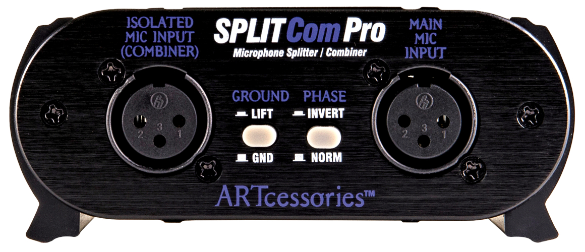 מפצל ומאחד מיקרופונים ART SplitCom Pro 1 החזית של מפצל ומאחד המיקרופונים ART SplitCom Pro עם כניסות XLR ומתגי Ground Lift והיפוך קוטביות