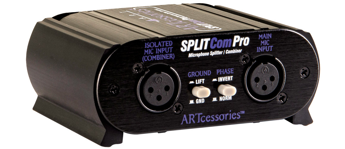 מפצל ומאחד מיקרופונים ART SplitCom Pro 3 ART SplitCom Pro במבט קדמי בזווית עם שתי כניסות XLR