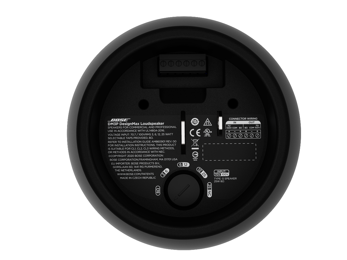 זוג רמקולי תלייה Bose Professional DesignMax DM3P שחור 2 מבט על החיבורים ובורר ההספק של Bose DesignMax DM3P שחור