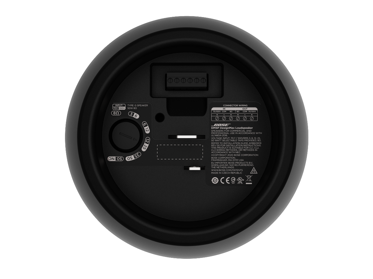 זוג רמקולי תלייה Bose Professional DesignMax DM5P שחור 2 מבט עליון על Bose DesignMax DM5P שחור עם חיבורי ההתקנה, בורר ההספק ונקודת כבל הבטיחות