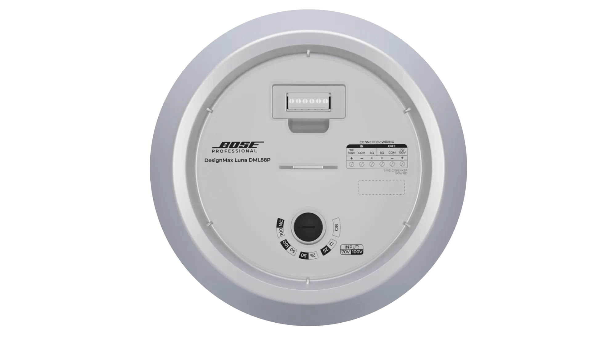 רמקול תלייה Bose Professional DesignMax Luna DML88P לבן 3 מבט על חיבור Euroblock ובורר ההספק של Bose DesignMax Luna DML88P לבן