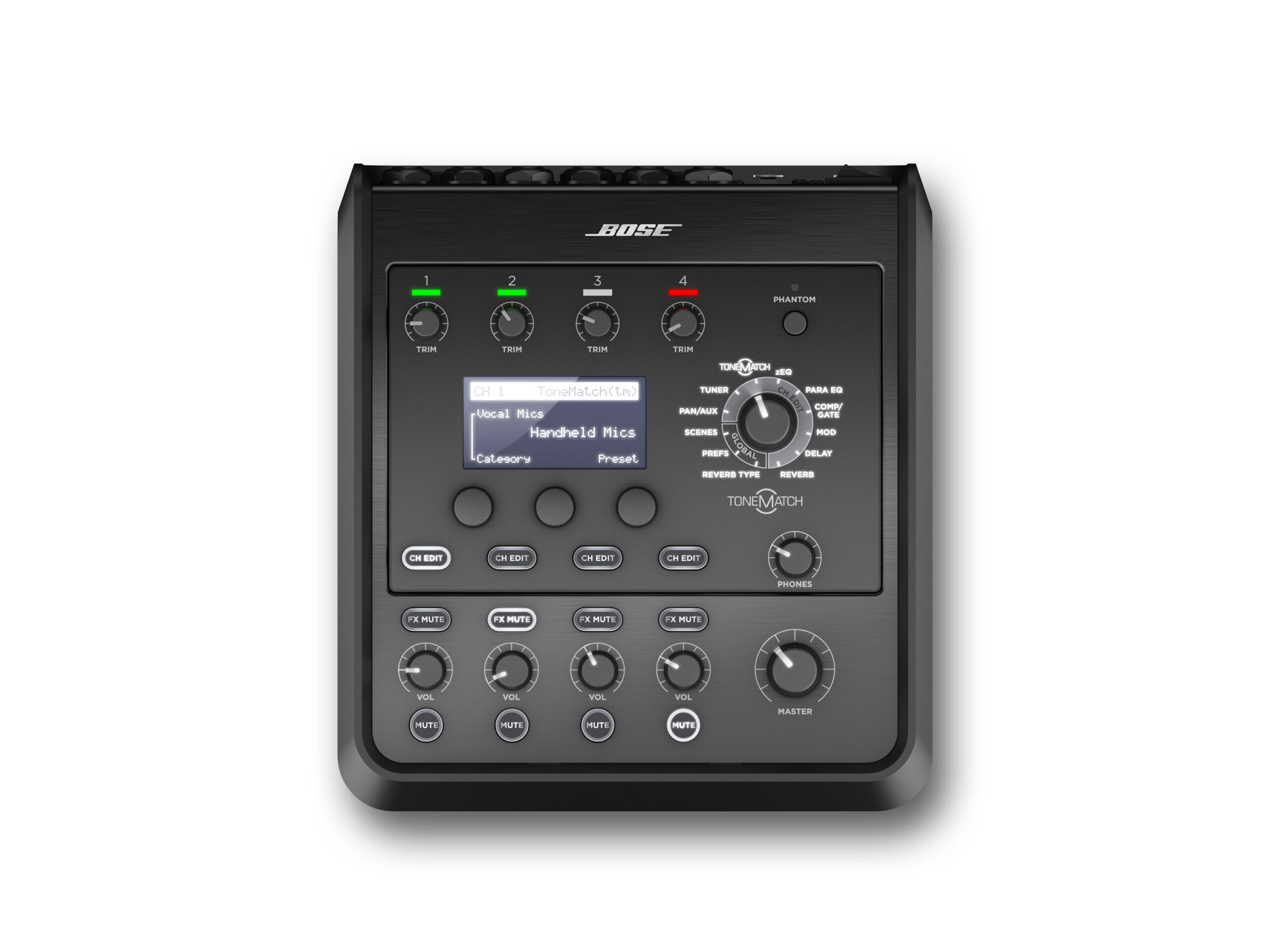 מיקסר דיגיטלי Bose T4S ToneMatch – 4 ערוצים ו־DSP 2 מבט עליון של Bose T4S ToneMatch עם ארבעת ערוצי השליטה, המסך והמקודדים