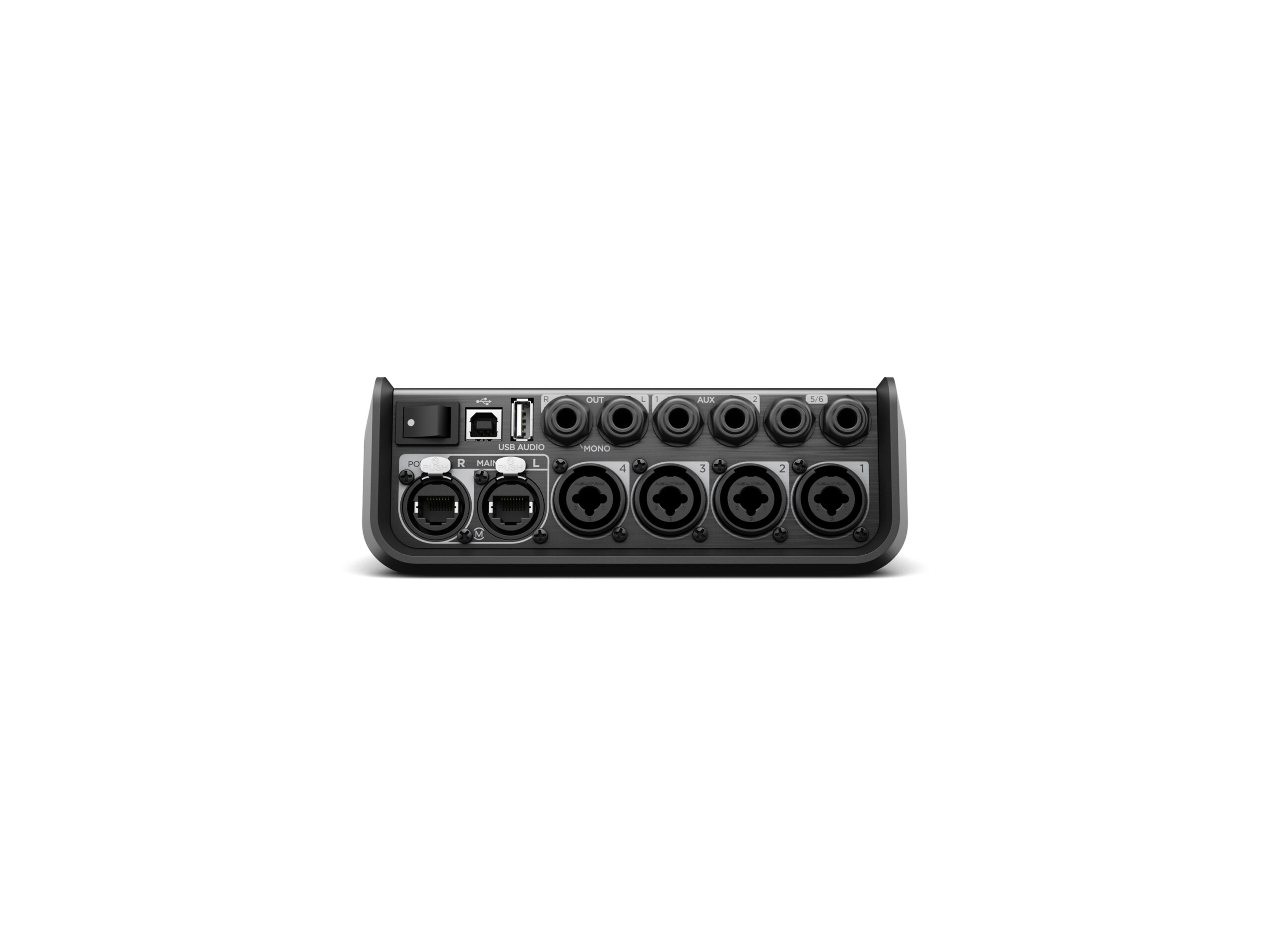 מיקסר דיגיטלי Bose T4S ToneMatch – 4 ערוצים ו־DSP 3 הפאנל האחורי של Bose T4S ToneMatch עם כניסות Combo, חיבורי ToneMatch, יציאות Aux וחיבורי USB