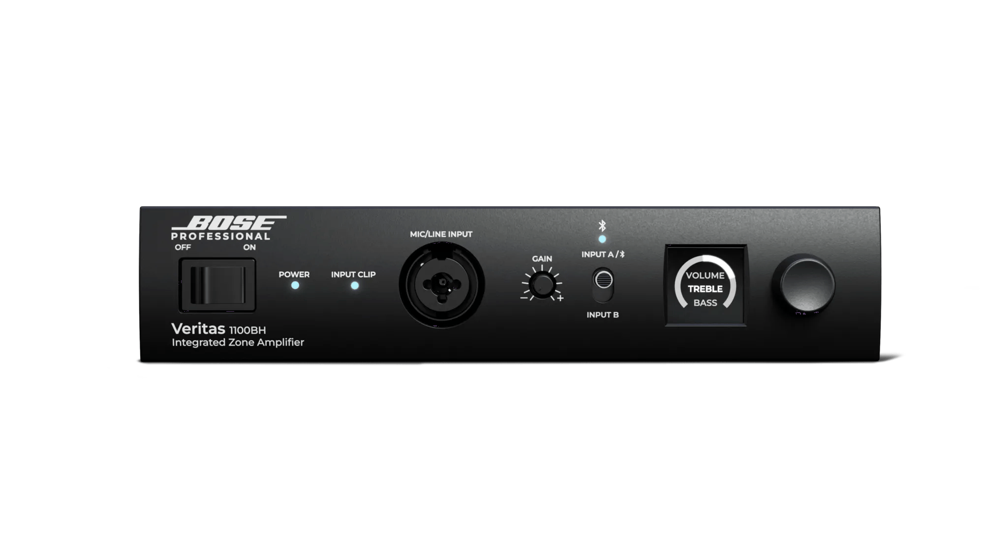 מגבר התקנות 100W למערכות 70V/100V Bose Professional Veritas 1100BH 3 הפאנל הקדמי של Bose Professional Veritas 1100BH עם כניסת Mic Line, מסך OLED ובורר
