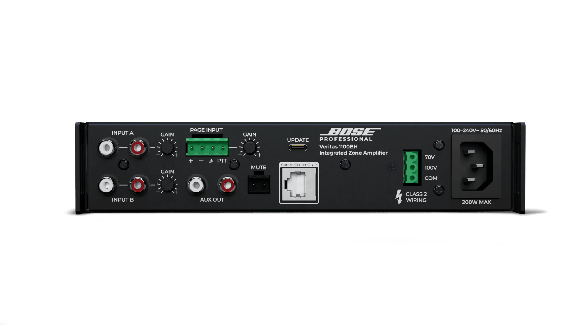 מגבר התקנות 100W למערכות 70V/100V Bose Professional Veritas 1100BH 4 הפאנל האחורי של Bose Professional Veritas 1100BH עם כניסות RCA, Paging, יציאת 70V או 100V ו-ControlCenter