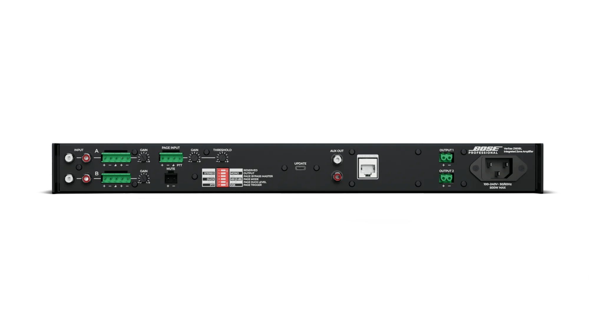 מגבר התקנות דו-ערוצי Bose Professional Veritas 2160BL עם DSP ו-Bluetooth 4 הפאנל האחורי של Bose Professional Veritas 2160BL עם כניסות, יציאות רמקולים ו-ControlCenter