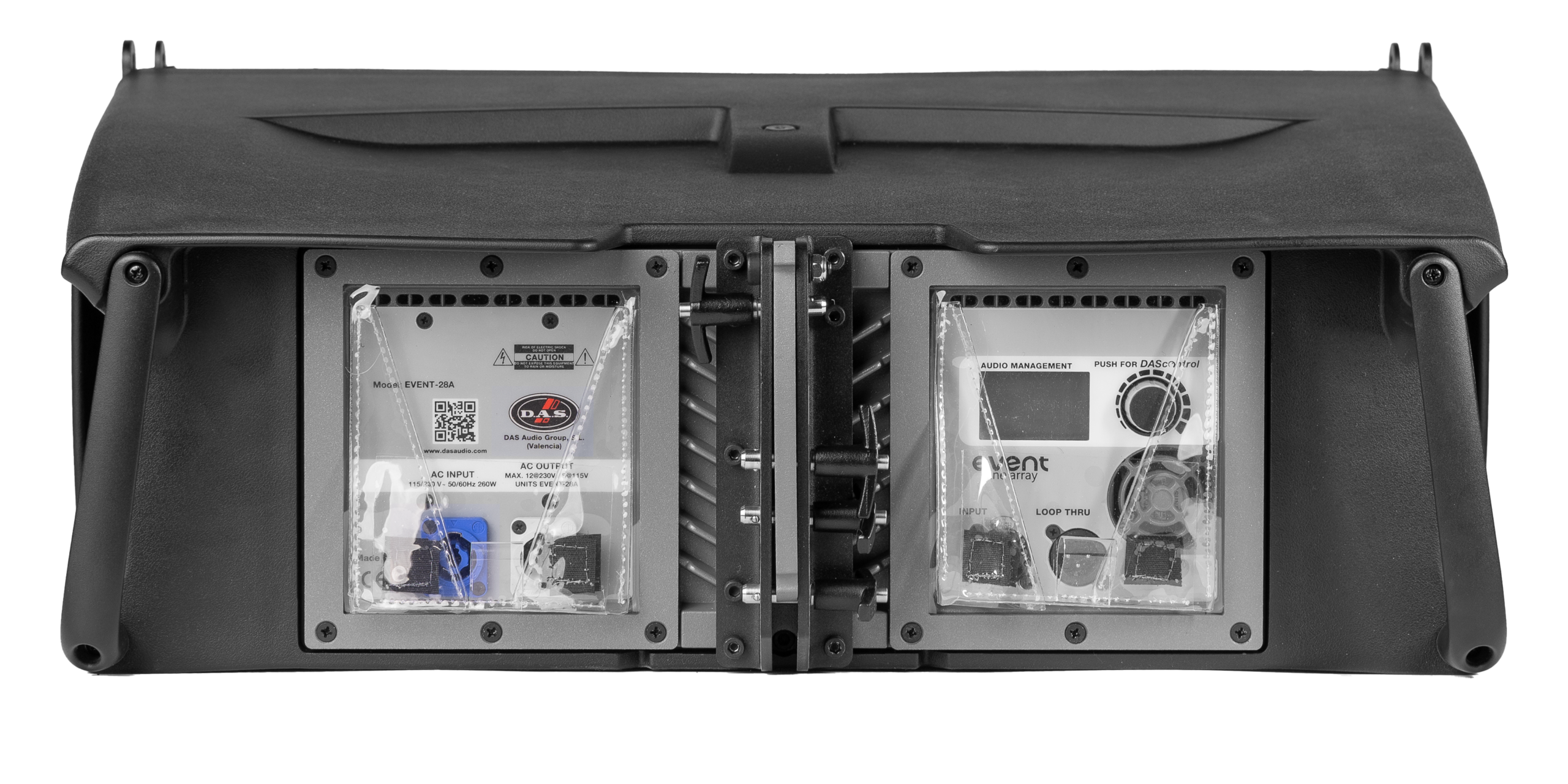 רמקול Line Array מוגבר DAS Audio EVENT-28A – 2×8 אינץ׳, 650W ו־136dB 2 החלק האחורי של DAS Audio EVENT-28A עם פאנל DAScontrol וחיבורי XLR ו־powerCON