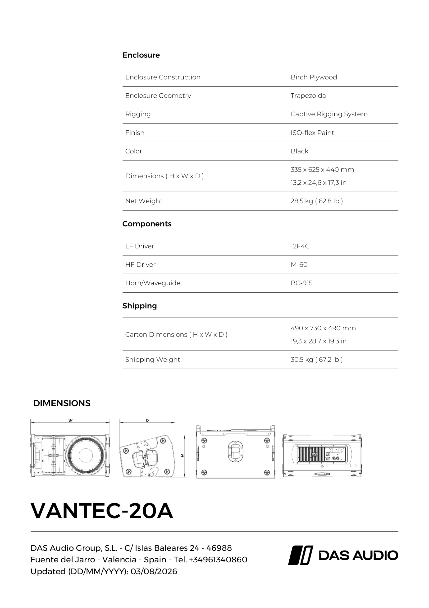 רמקול מערך מוגבר DAS Audio VANTEC-20A – 12 אינץ׳, 1500W Peak 3 עמוד רשמי מלא ועדכני של DAS Audio VANTEC-20A עם מידות המוצר ונתוני האריזה