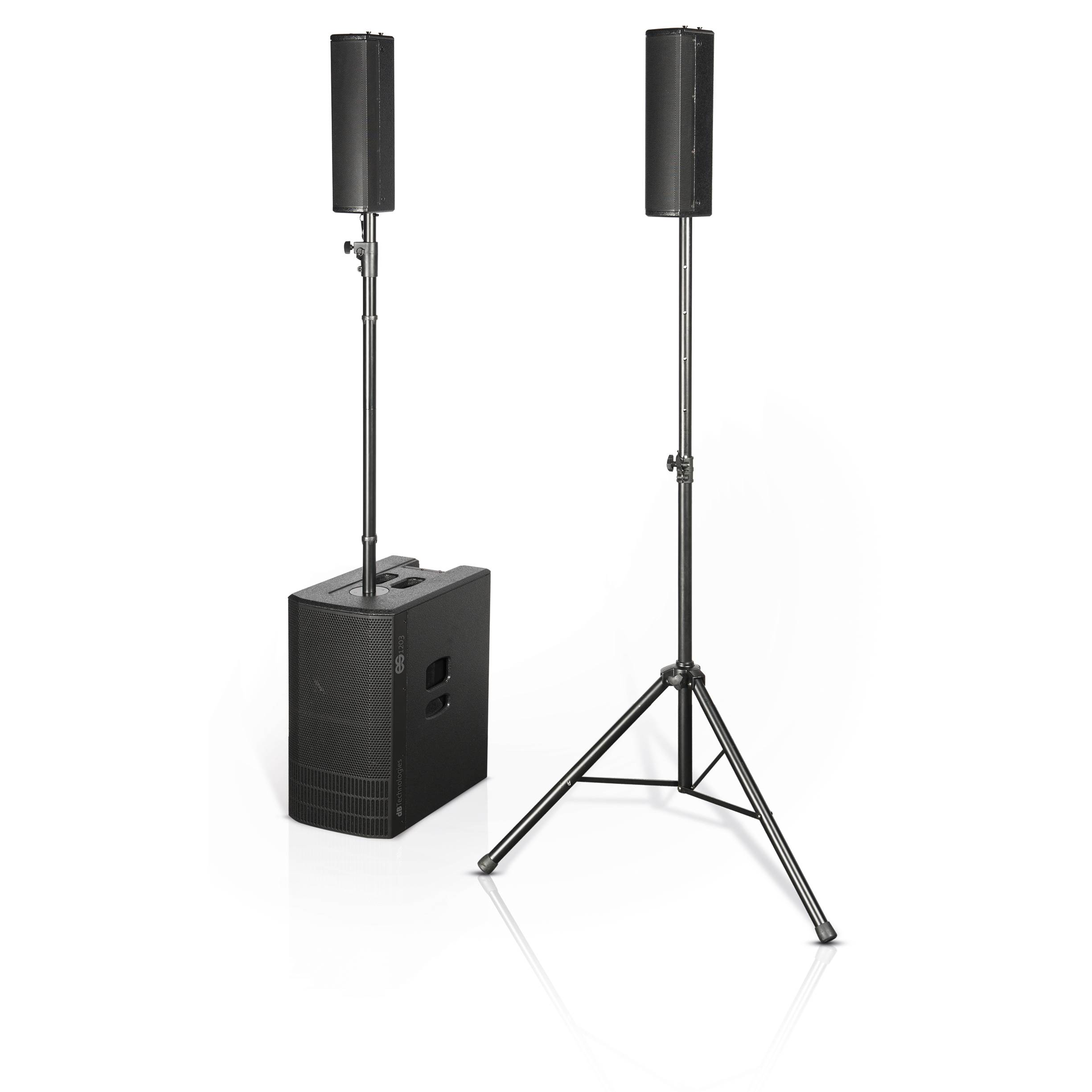 dB Technologies ES1203 – מערכת PA עמודית סטריאו 2400W עם מיקסר 1 מערכת PA עמודית dB Technologies ES1203 במבט תלת־רבעי עם סאב ושני טופים בתצורת סטריאו
