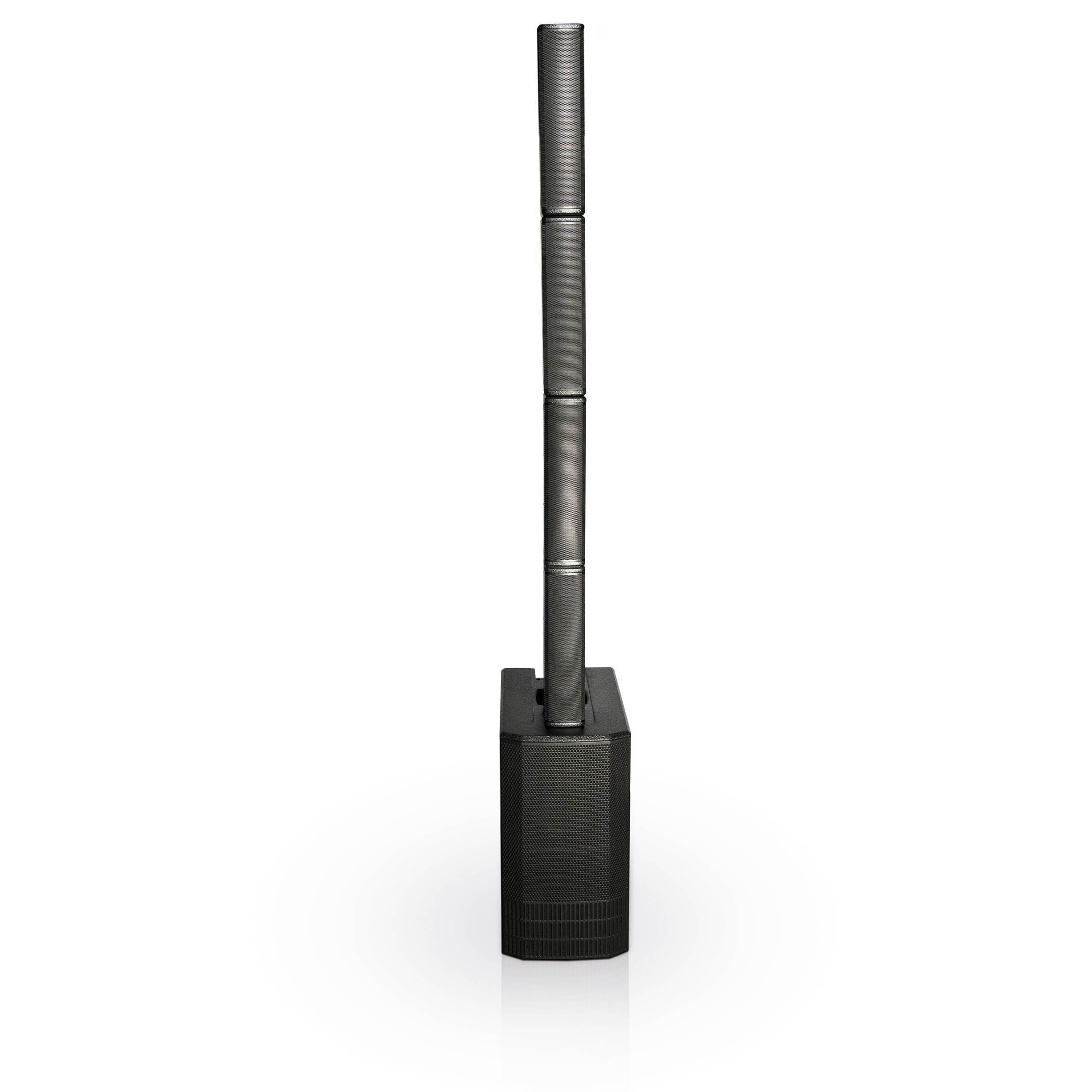 dB Technologies ES1203 – מערכת PA עמודית סטריאו 2400W עם מיקסר 2 מערכת dB Technologies ES1203 בחזית מלאה כשהטופים מחוברים לעמוד אחד מעל הסאב