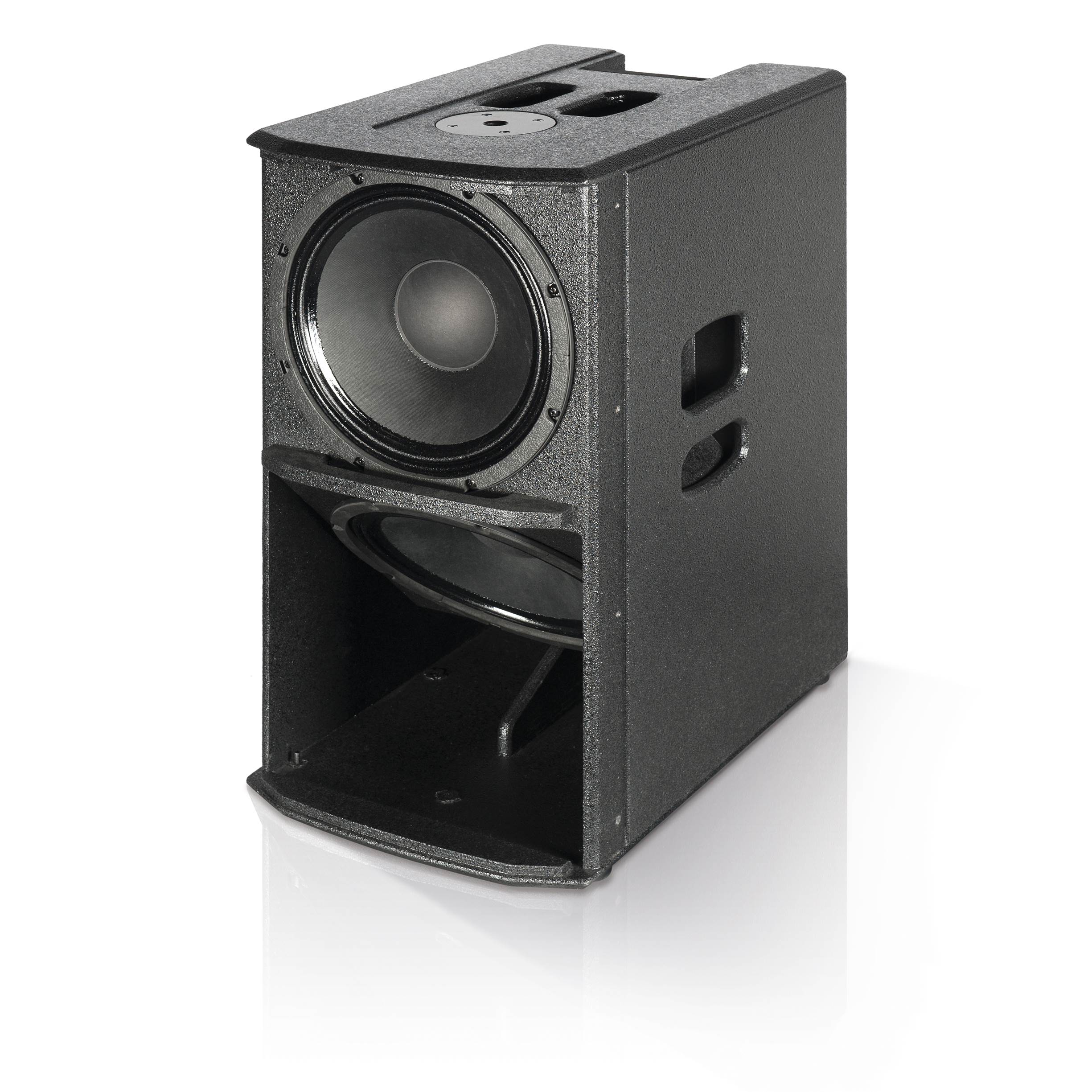 dB Technologies ES1203 – מערכת PA עמודית סטריאו 2400W עם מיקסר 3 סאב dB Technologies ES1203 פתוח להצגת שני וופרי 12 אינץ׳ ומבנה התיבה