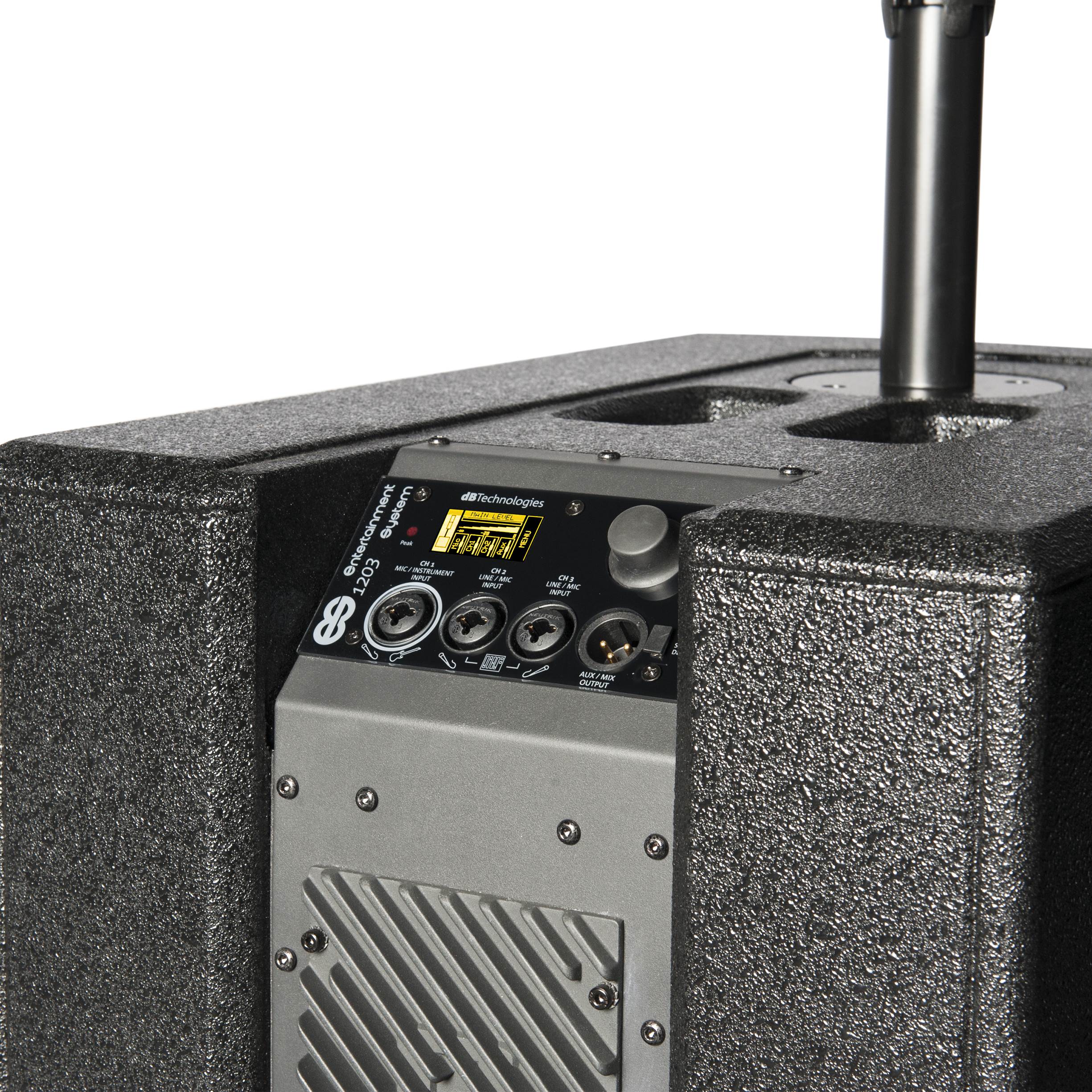 dB Technologies ES1203 – מערכת PA עמודית סטריאו 2400W עם מיקסר 4 לוח המיקסר המובנה ותצוגת OLED של dB Technologies ES1203 עם שלוש כניסות Combo ויציאת Mix