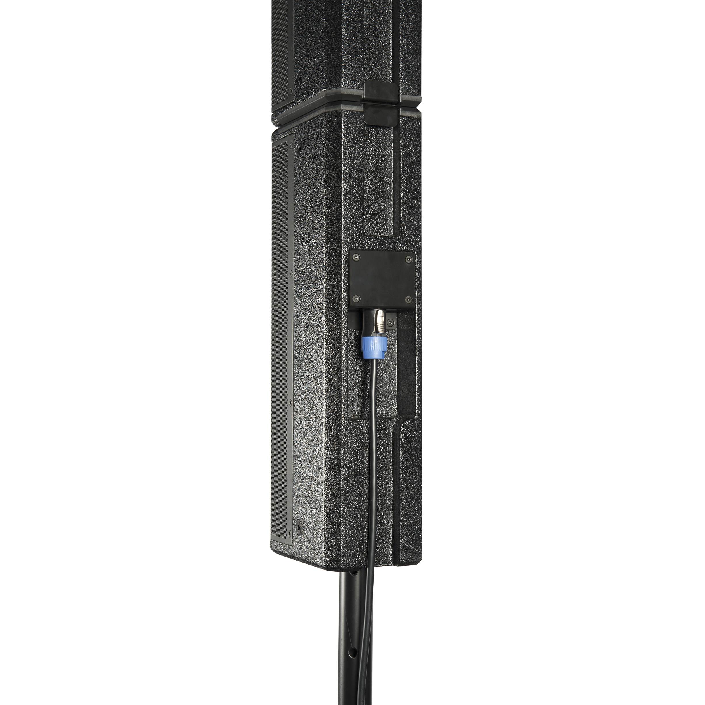 dB Technologies ES1203 – מערכת PA עמודית סטריאו 2400W עם מיקסר 8 חלקם האחורי של הטופים dB Technologies ES1203 עם מנגנון החיבור וכבל הרמקול