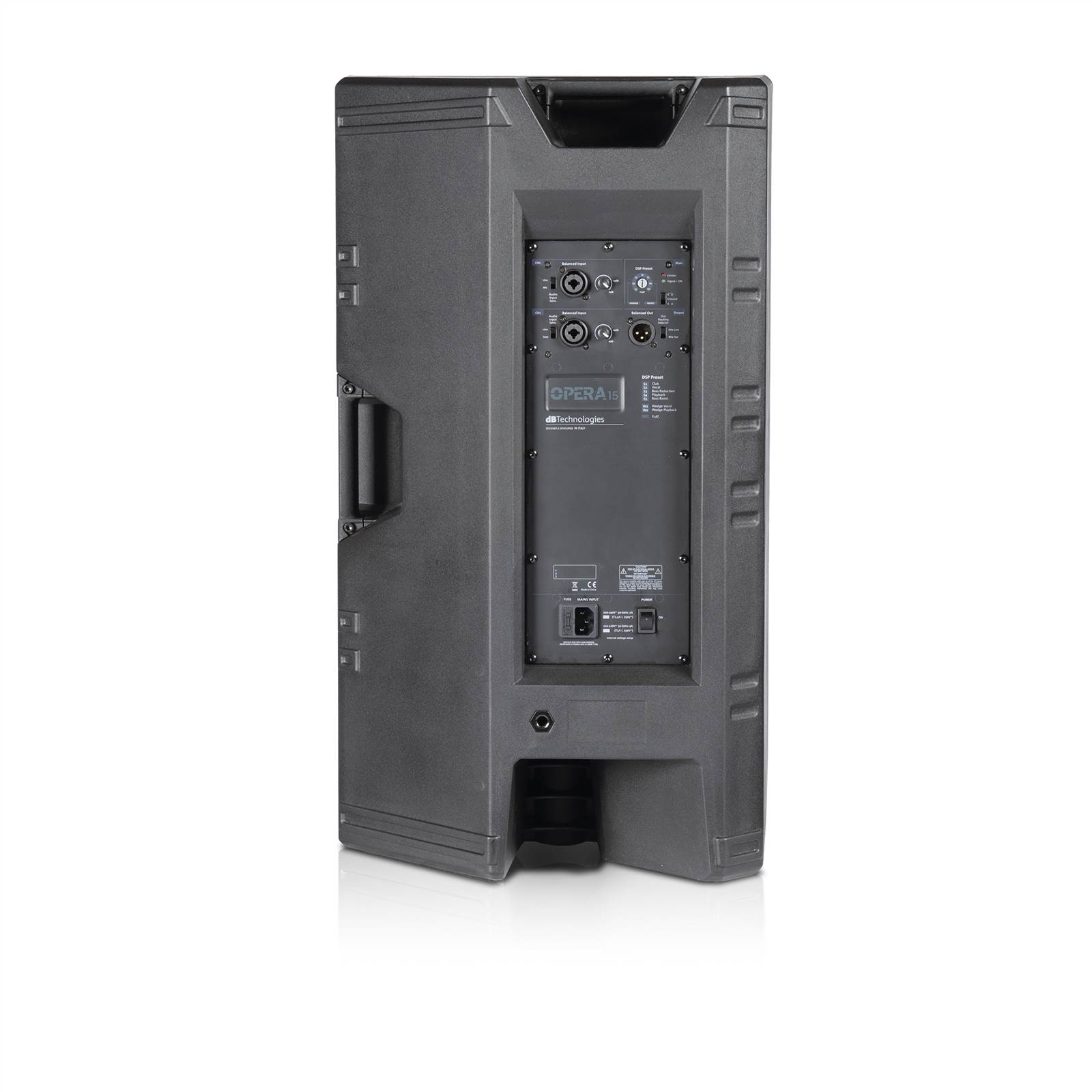 רמקול מוגבר "15 dB Technologies Opera 15 1200W 3 לוח החיבורים והמגבר האחורי של dB Technologies OPERA 15